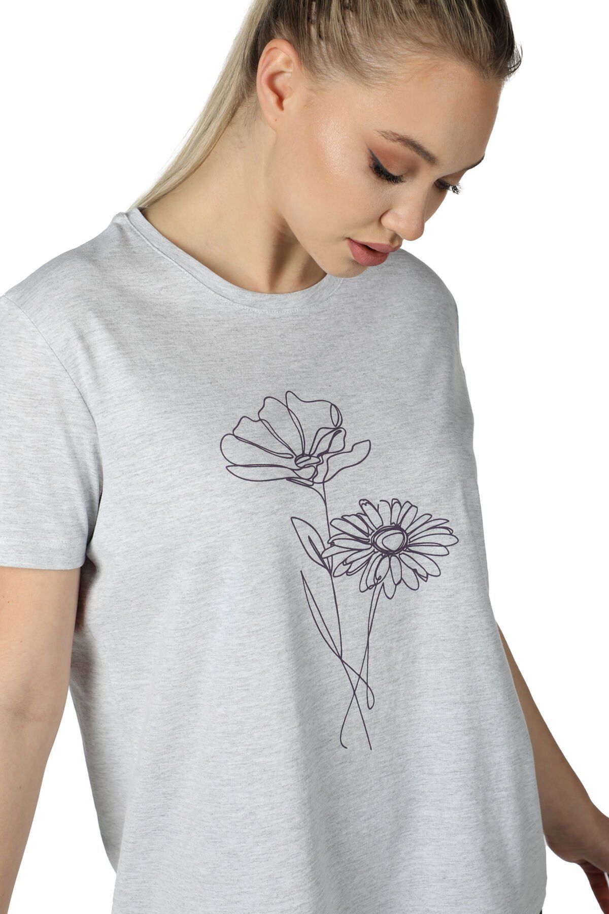 Kadın Bisiklet Yaka Kısa Kollu Regular Fit Baskılı Tişört