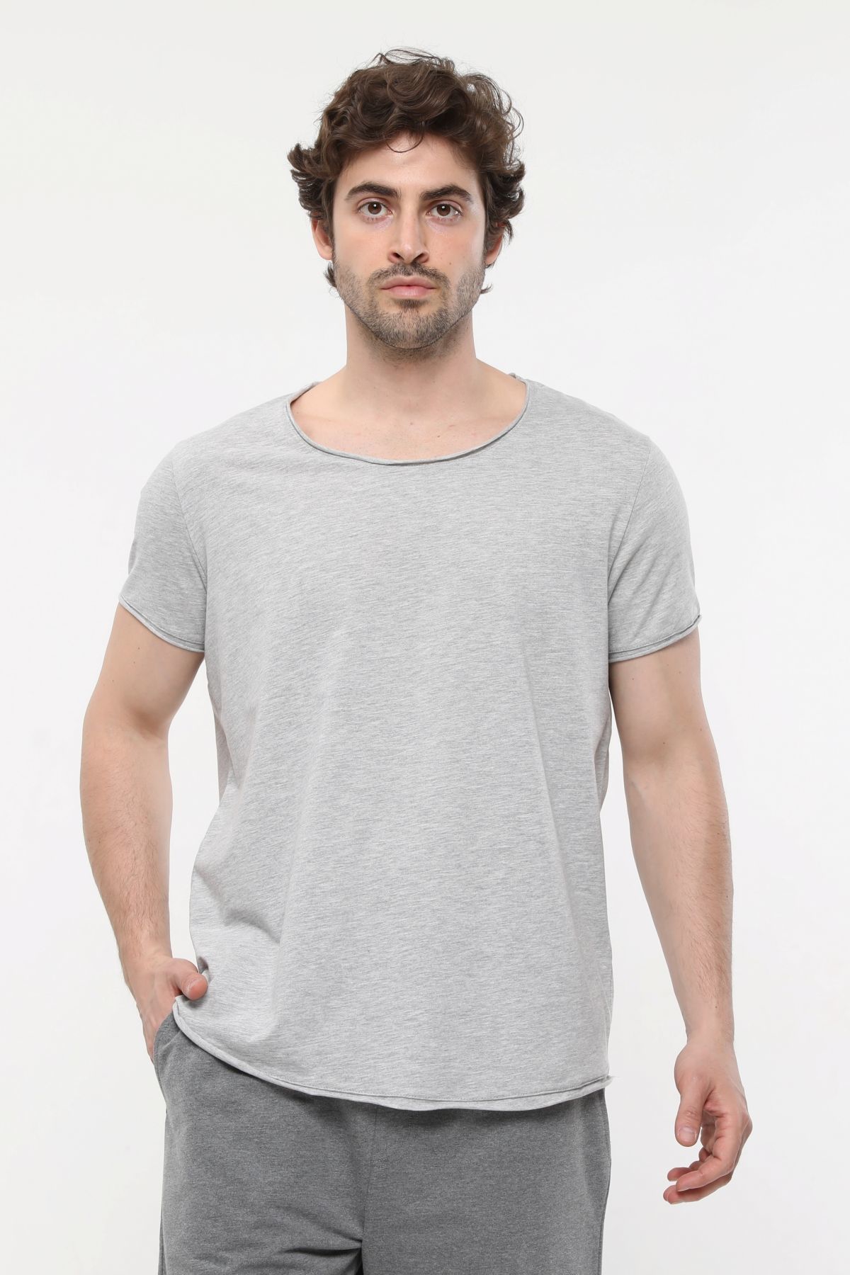 Erkek Kayık Yaka Kısa Kollu Regular Fit Basic Tişört - Gri Melanj