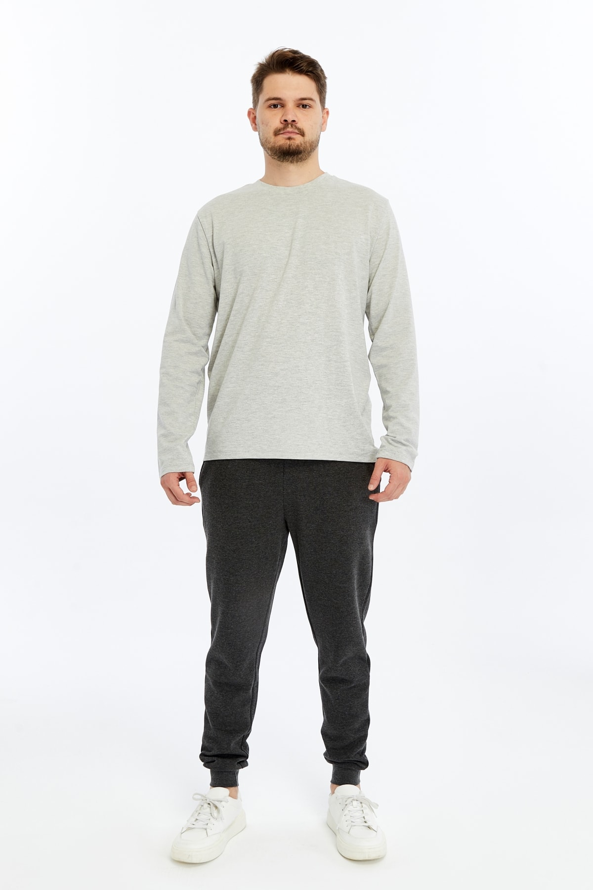 Erkek Bisiklet Yaka Uzun Kollu Regular Fit Basic Tişört - GRİ MELANJ