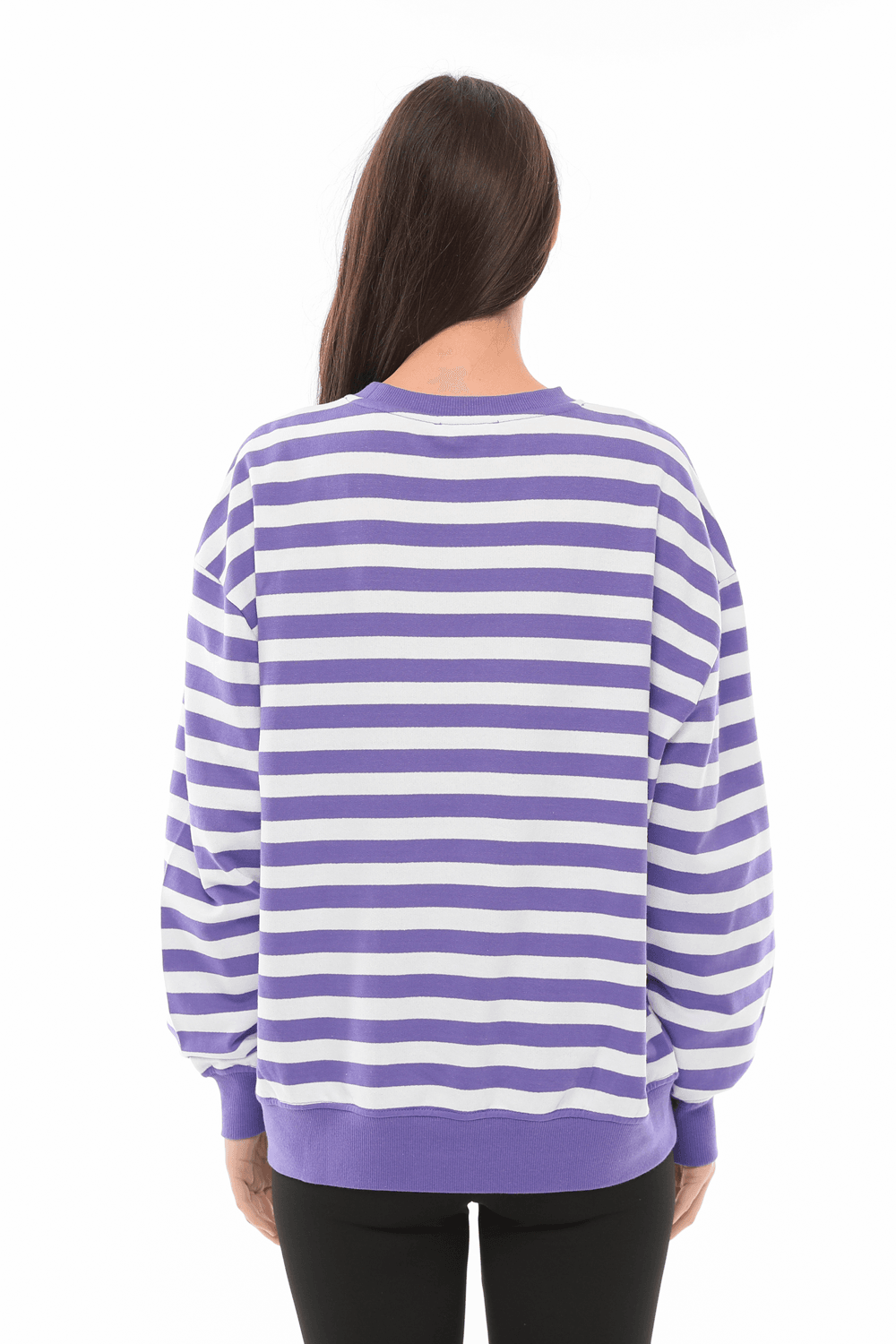 Kadın Bisiklet Yaka Oversize Fit Çizgili Sweatshirt - MOR-BEYAZ