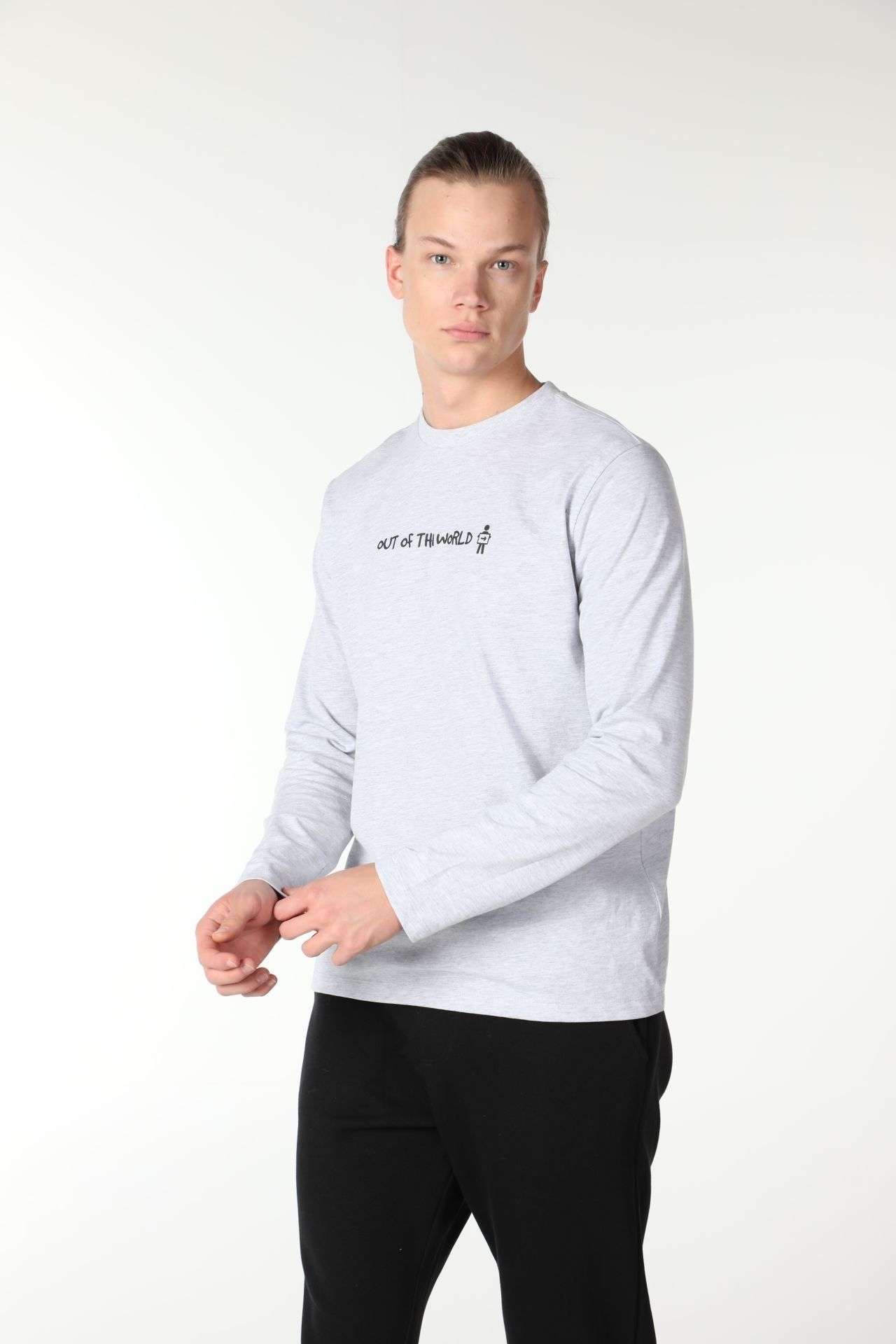 Erkek Bisiklet Yaka Uzun Kollu Regular Fit Baskılı Tişört - Kar Melanj