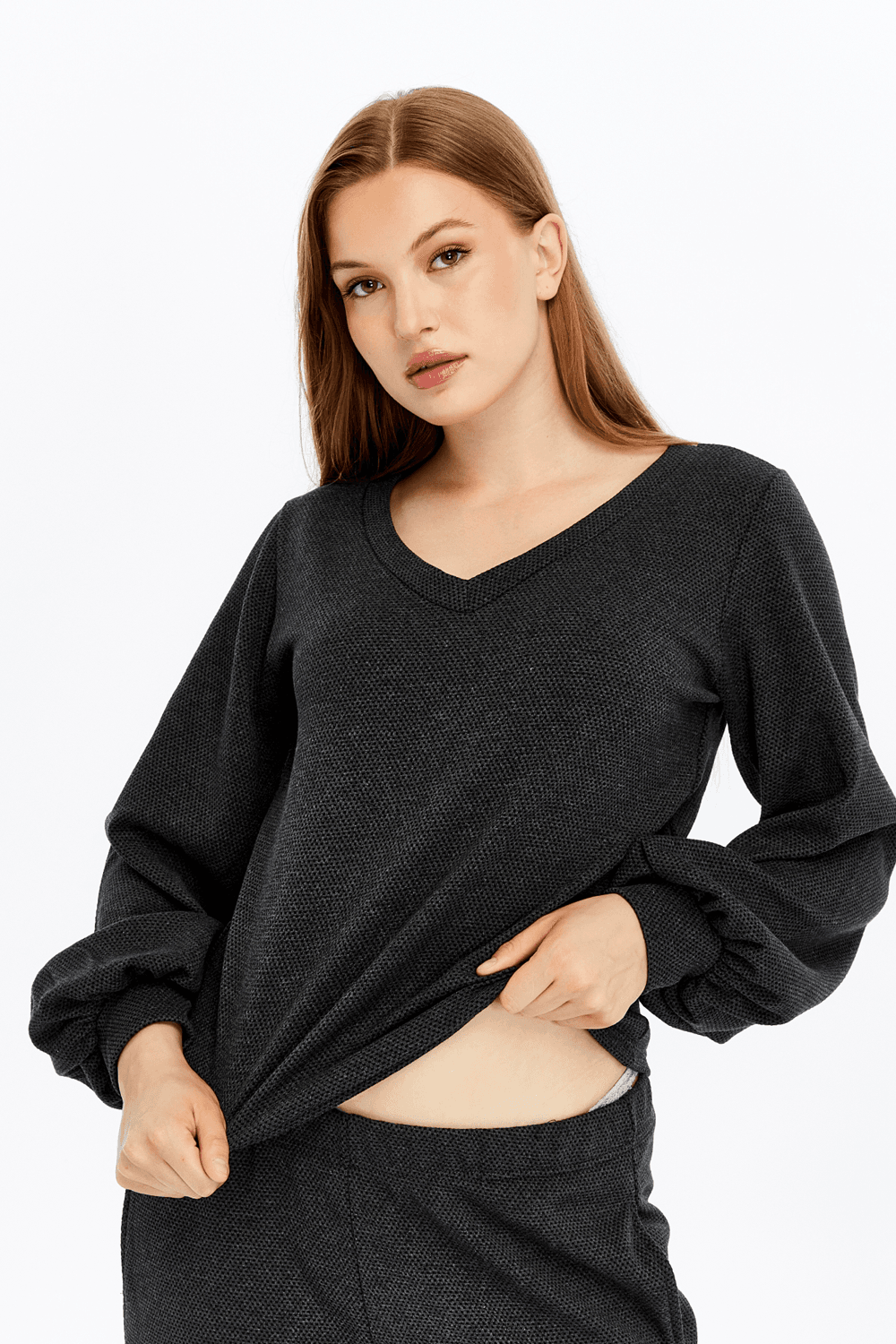 Kadın V Yaka Balon Kol Regular Fit Basic Bluz - Antrasit