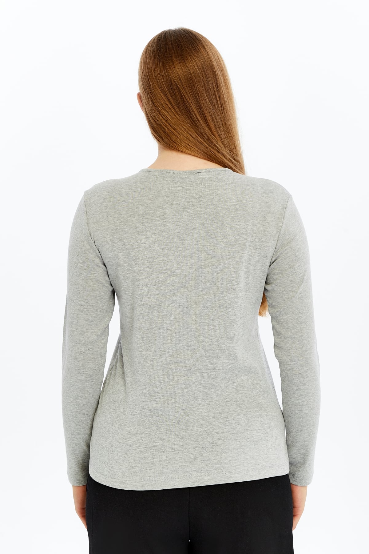 Kadın Bisiklet Yaka Uzun Kollu Regular Fit Basic Tişört - GRİ MELANJ
