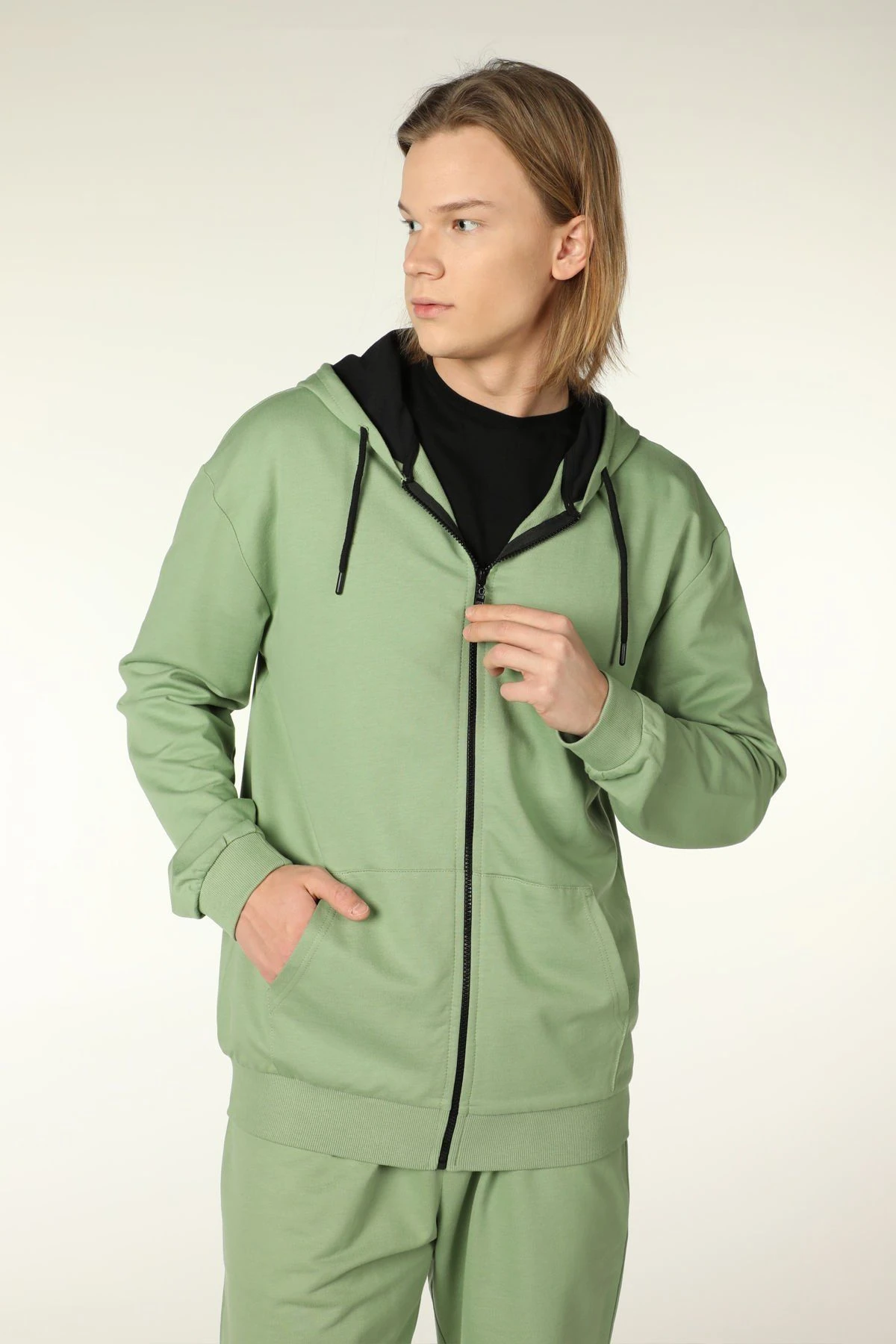 Erkek Kapüşonlu Fermuarlı Oversize Sweatshirt - Haki