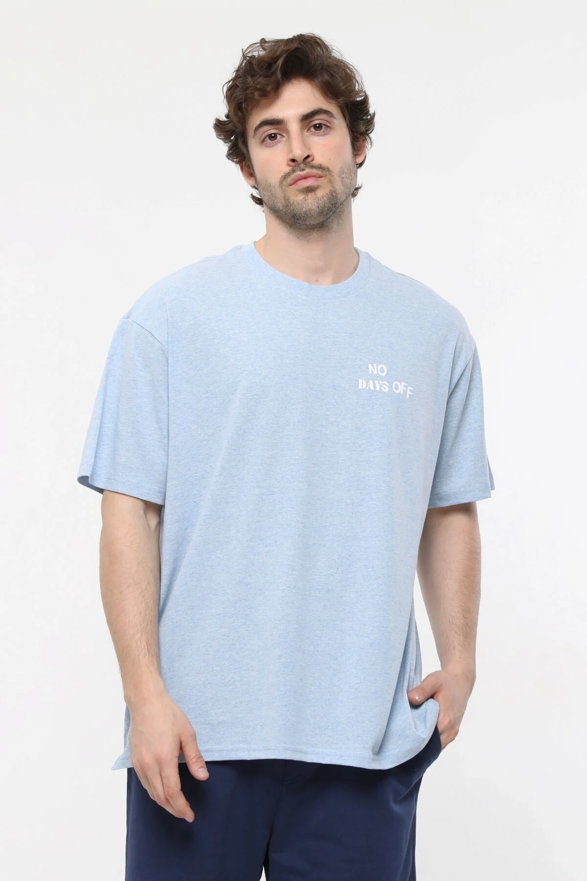 Erkek Bisiklet Yaka Kısa Kollu Oversize Fit Baskılı Tişört - Rufus - Mavi Melanj