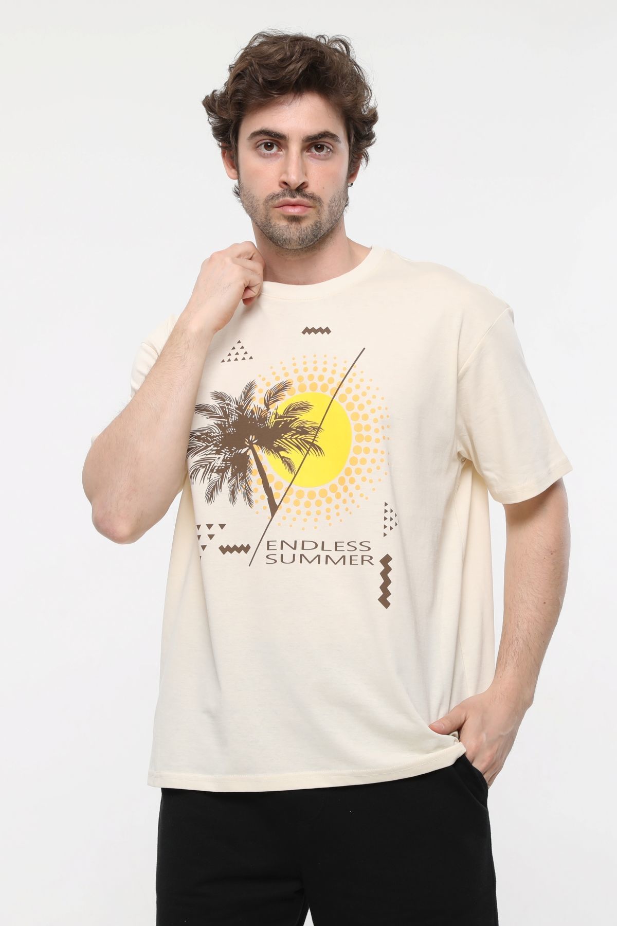 Erkek Bisiklet Yaka Kısa Kollu Oversize Fit Baskılı Tişört - Rio - Bej Melanj