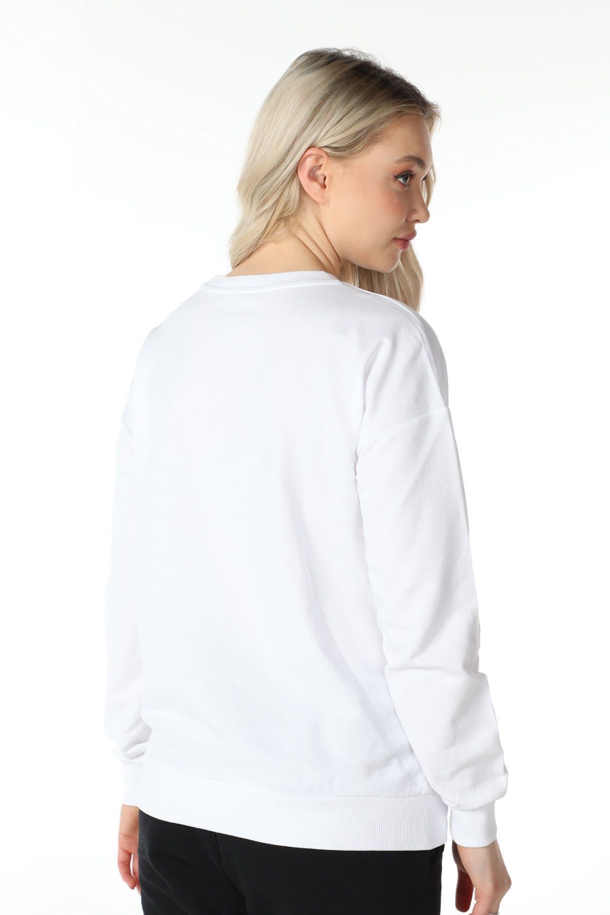 Kadın Bisiklet Yaka Regular Fit Baskılı Sweatshirt - Beyaz