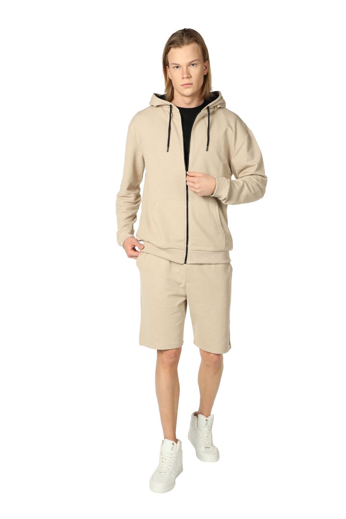 Erkek Kapüşonlu Fermuarlı Oversıze Sweatshırt - Bej Melanj