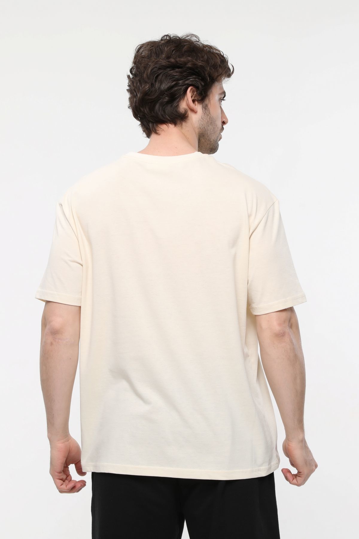 Erkek Bisiklet Yaka Kısa Kollu Oversize Fit Baskılı Tişört - Rio - Bej Melanj