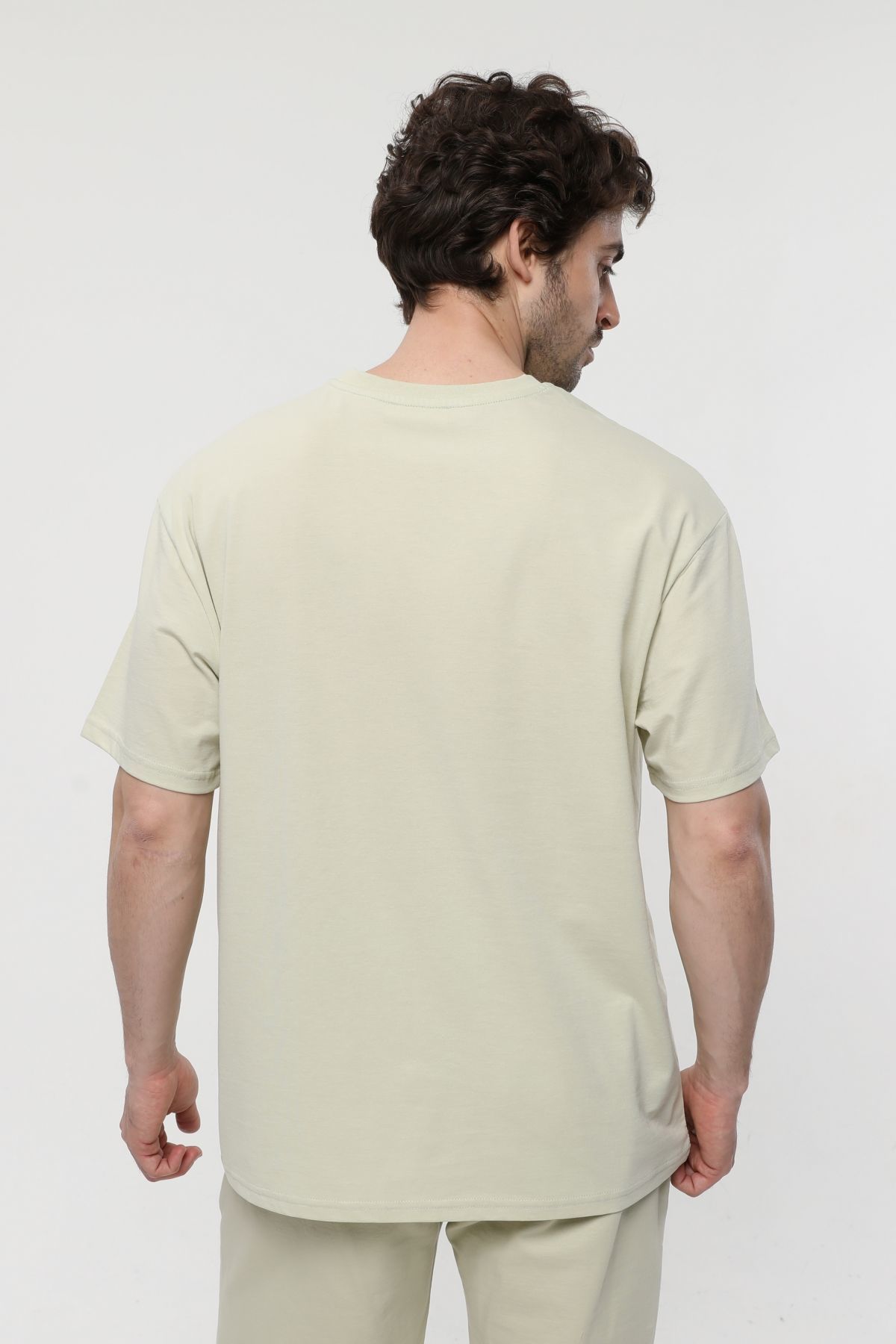 Erkek Bisiklet Yaka Kısa Kollu Oversize Fit Baskılı Tişört - Rio - Açık Yeşil