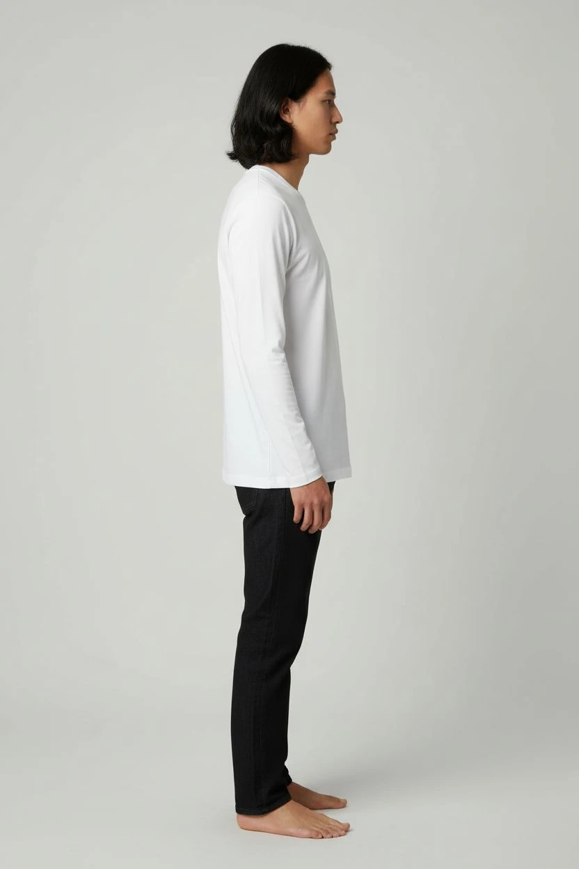 Erkek Uzun Kollu Bisiklet Yaka Basic Tişört - Beyaz