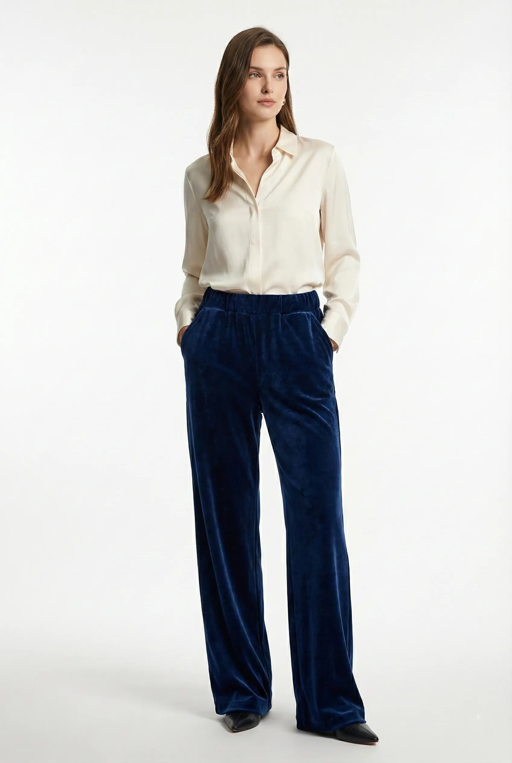 Kadın Bol Paça Cepli Kadife Oversize Fit Pantolon - Lacivert