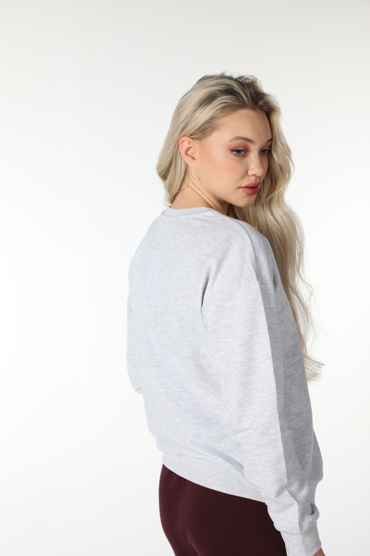 Kadın Bisiklet Yaka Regular Fit Baskılı Sweatshirt - Kar Melanj