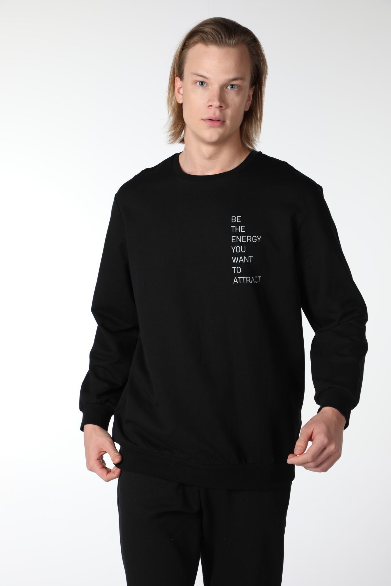 Erkek Bisiklet Yaka Regular Fit Baskılı Sweatshirt Siyah - Siyah