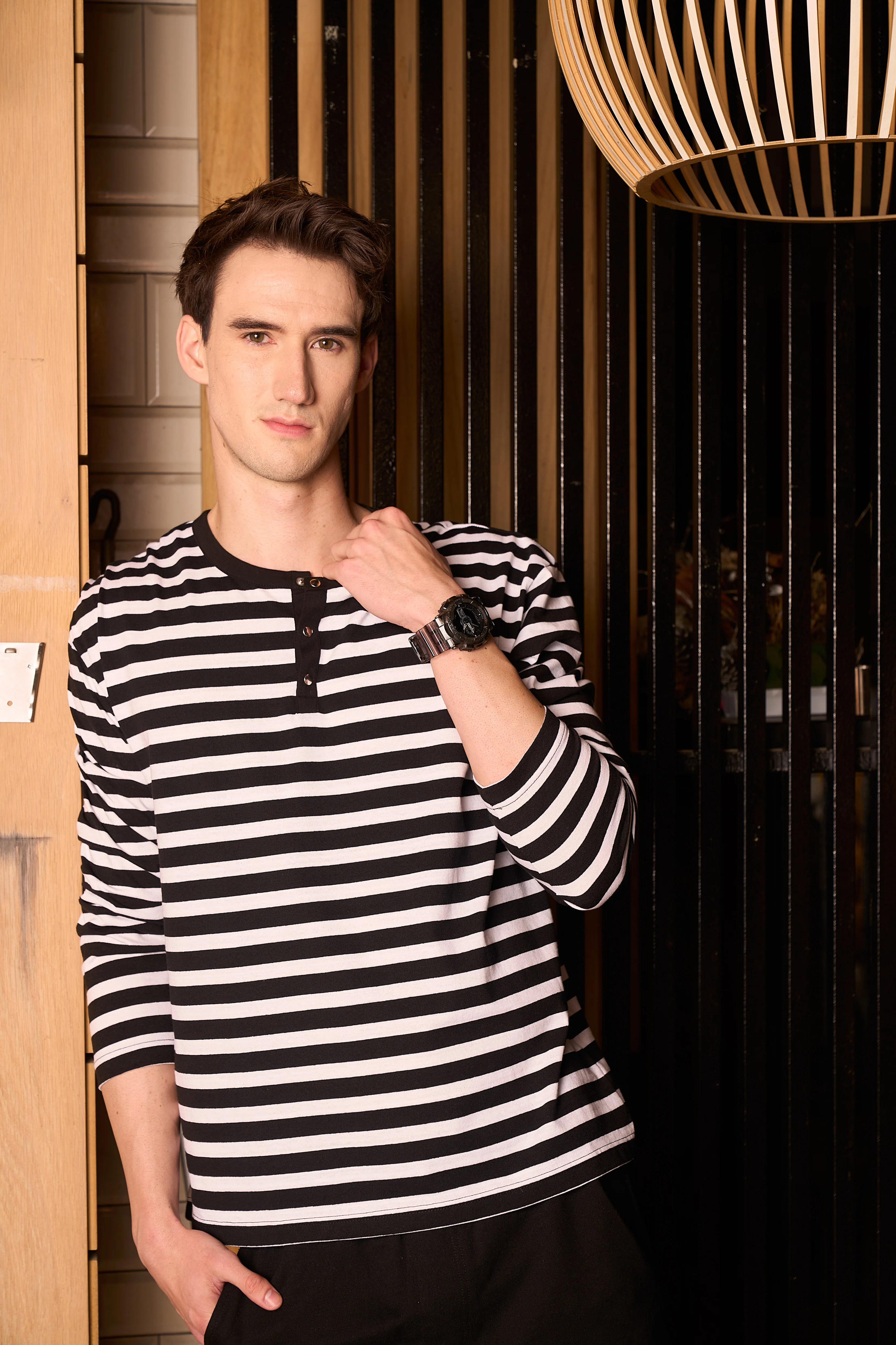 Erkek Çıtçıt Detaylı Uzun Kollu Regular Fit Çizgili Tişört - Siyah