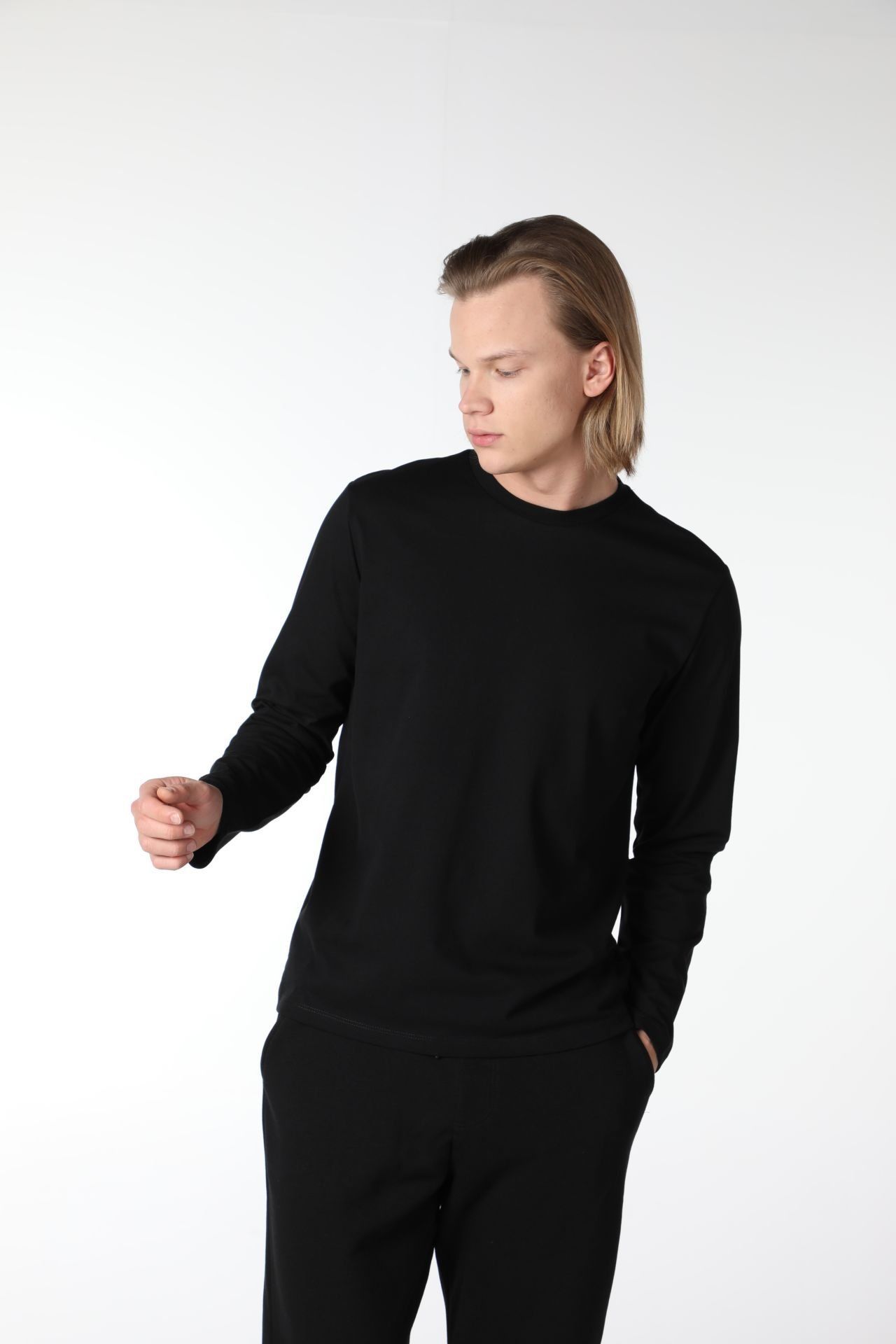 Erkek Bisiklet Yaka Uzun Kollu Regular Fit Basic Tişört - Siyah