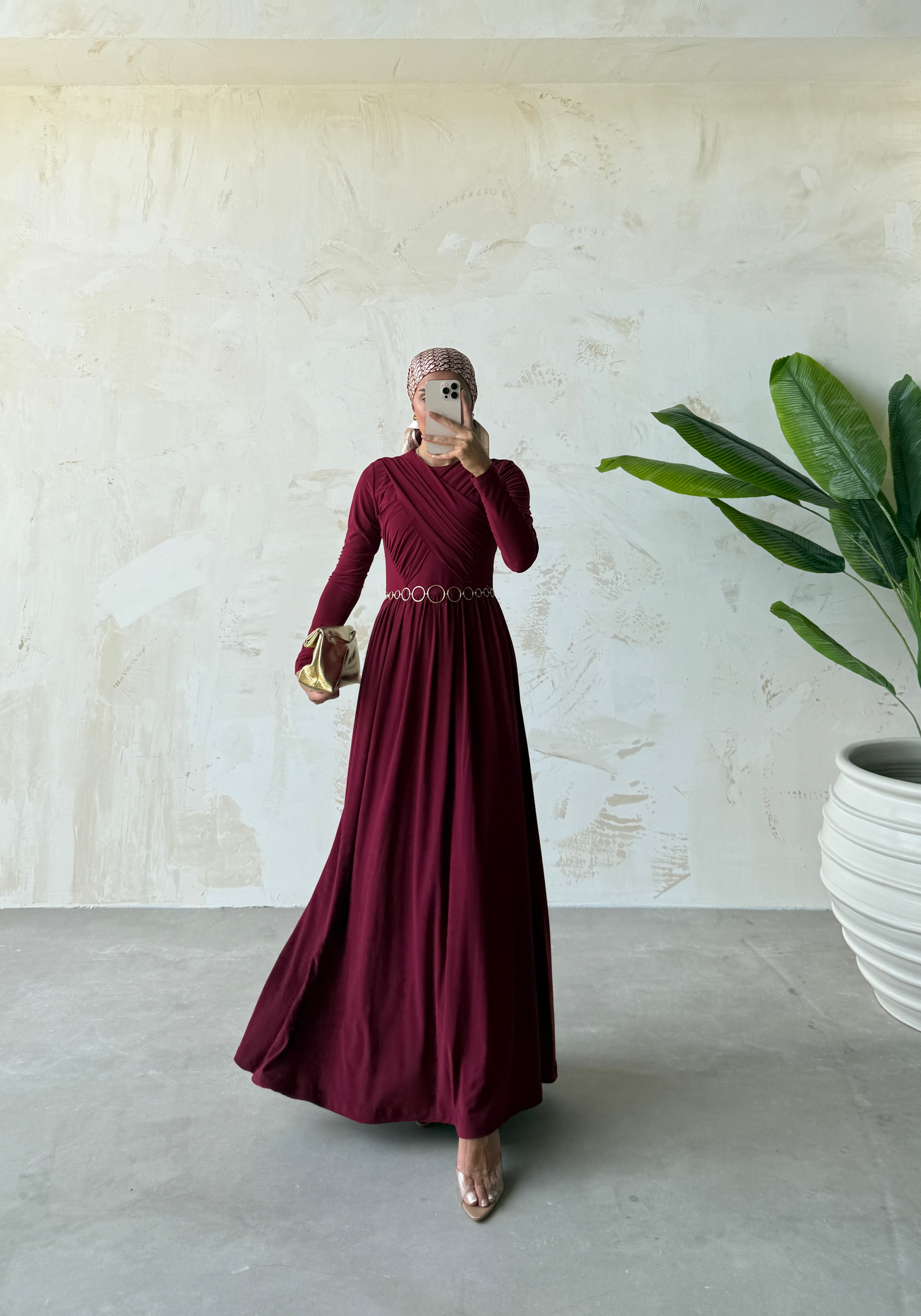 ZİNCİR KEMERLİ ELBİSE  - BORDO
