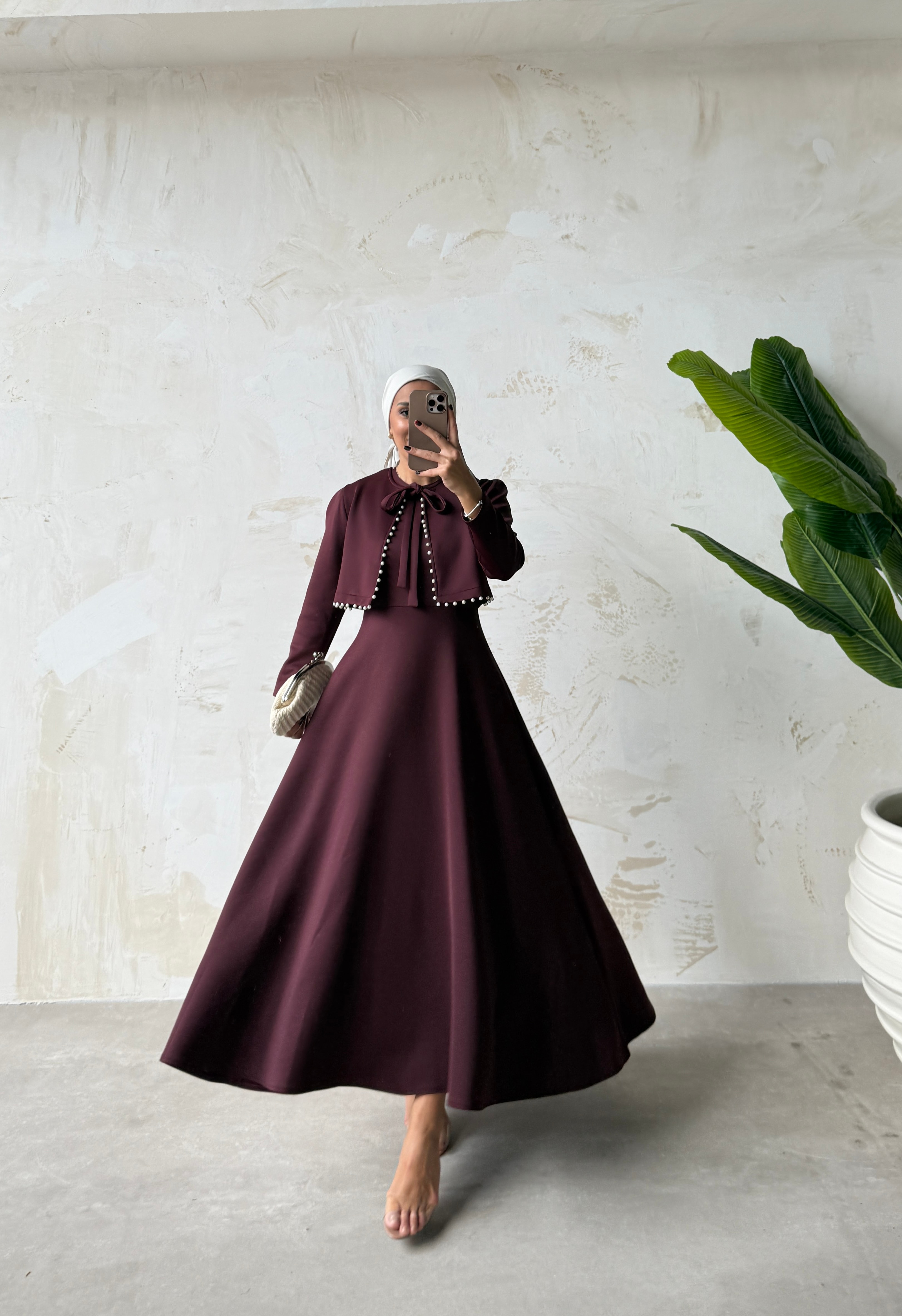 İNCİ DETAYLI ELBİSE  - Bordo