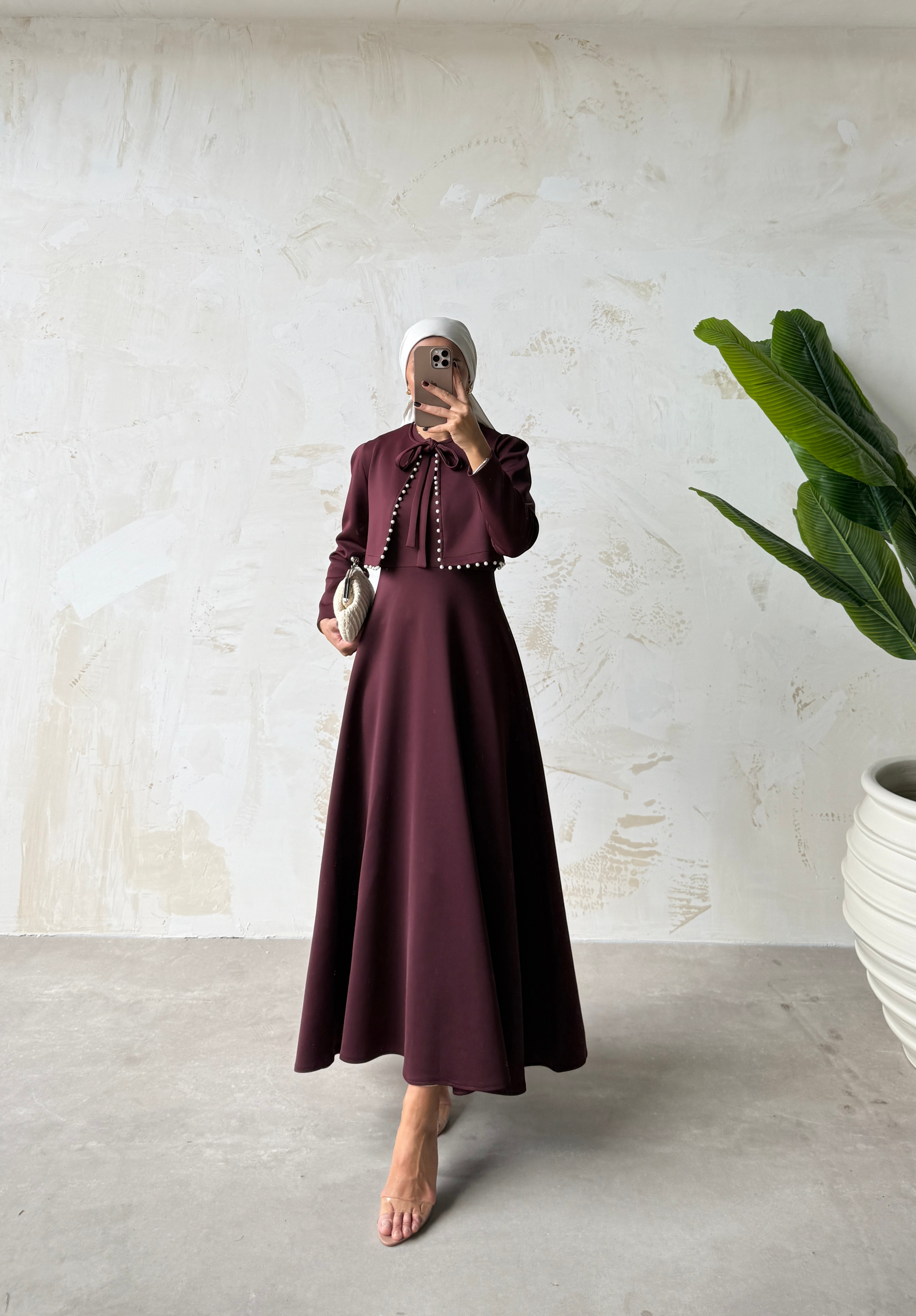 İNCİ DETAYLI ELBİSE  - Bordo