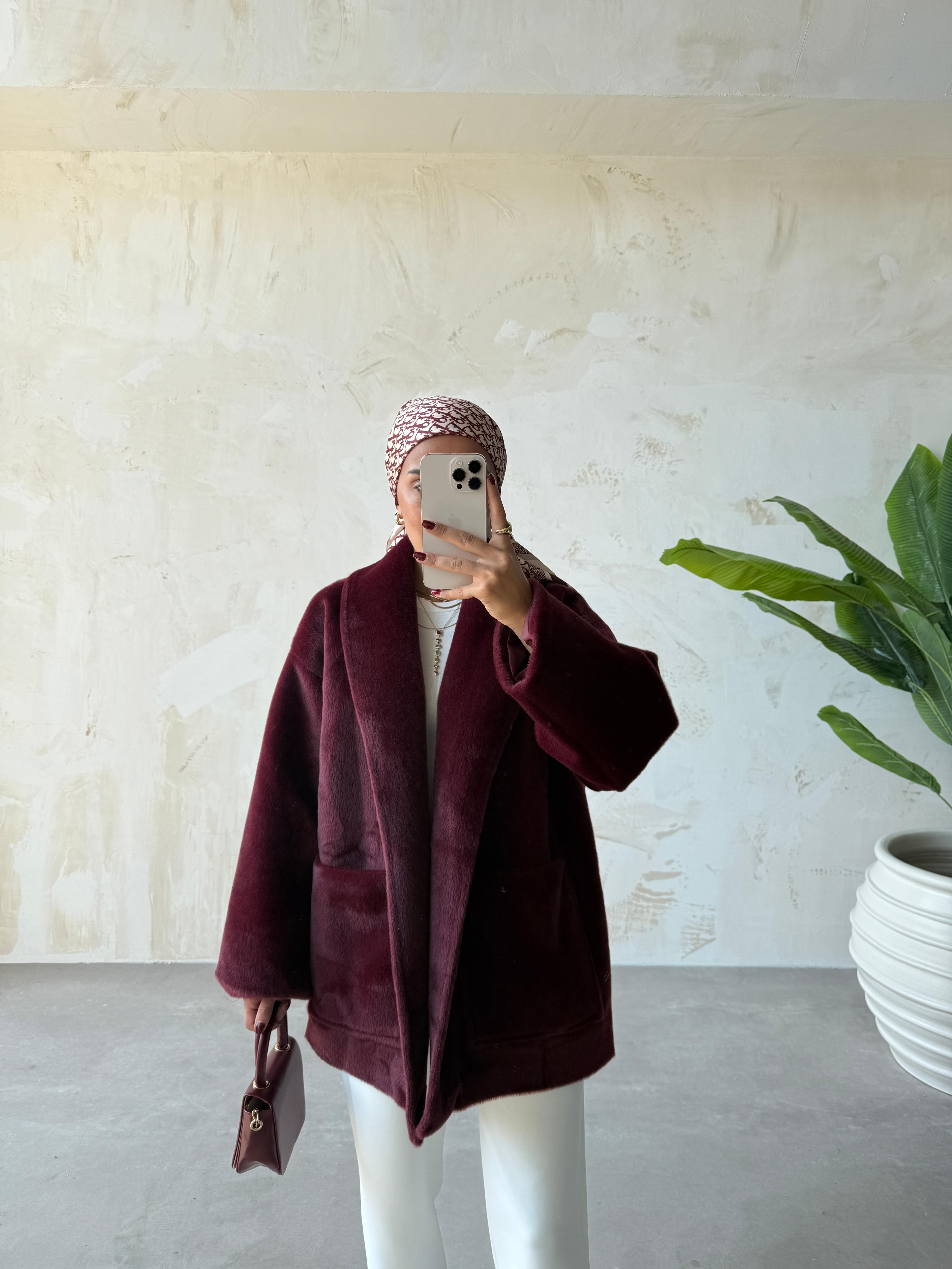 KUŞAKLI KISA KABAN - Bordo