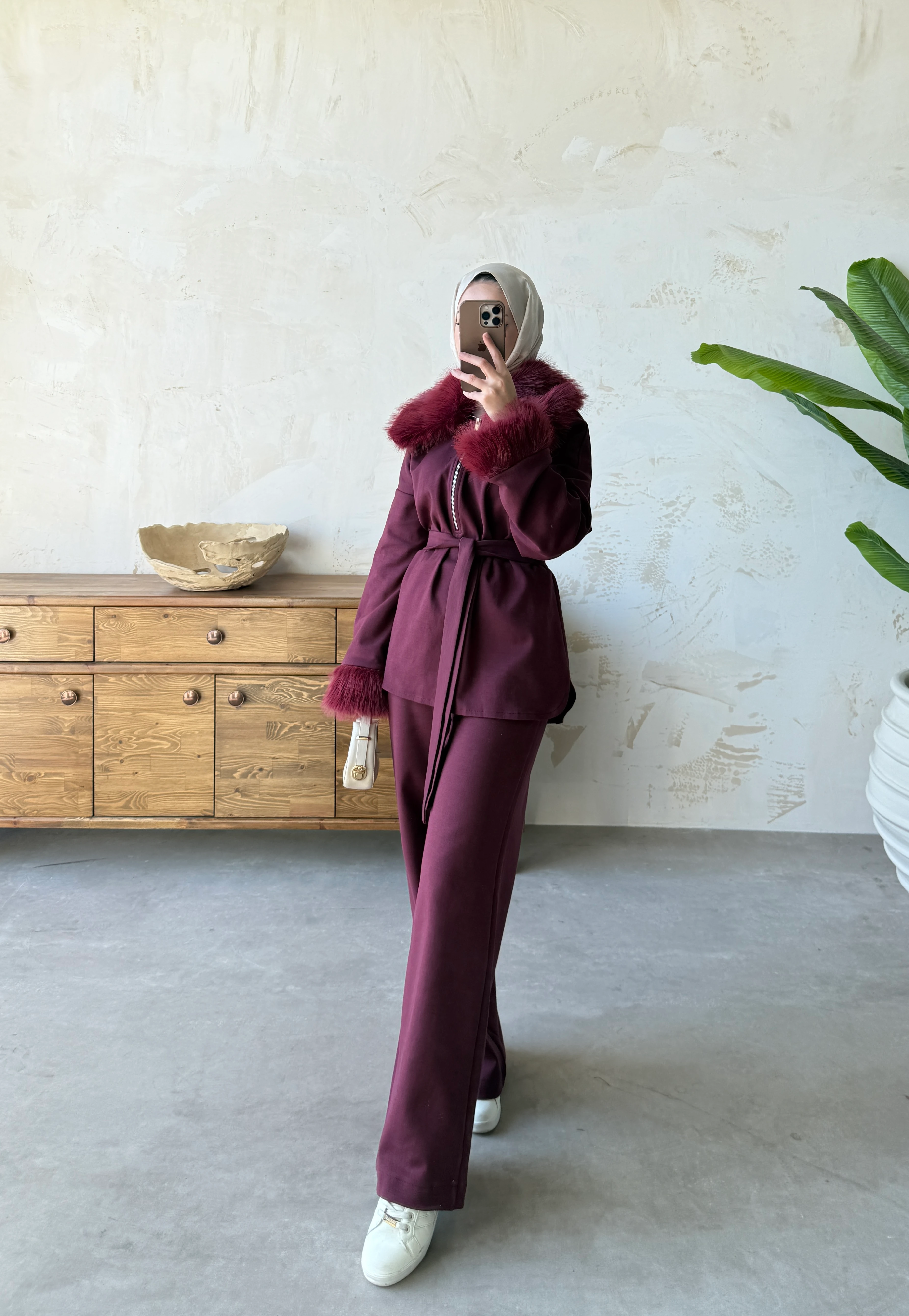 KÜRK YAKA TAKIM  - Bordo