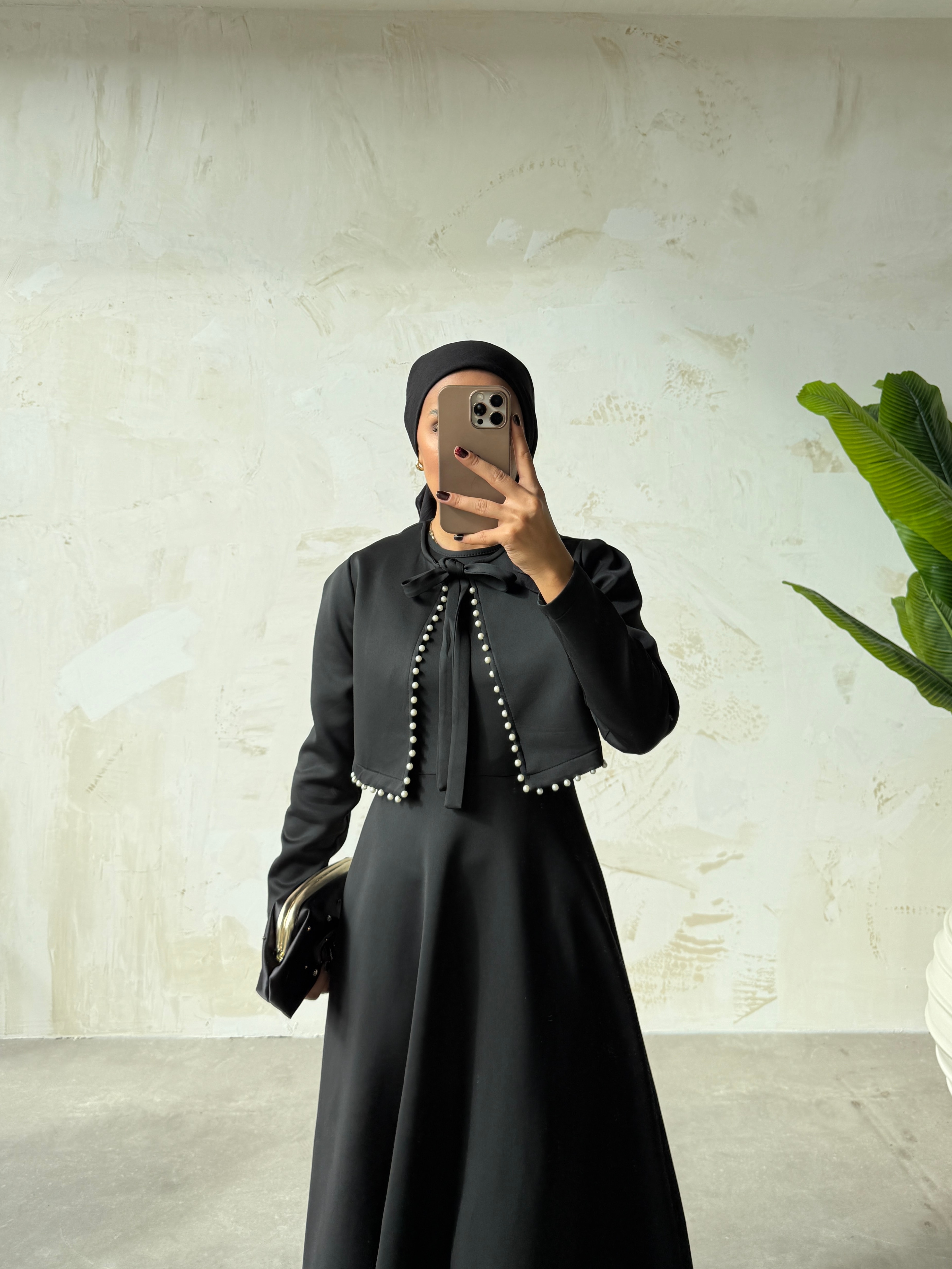 İNCİ DETAYLI ELBİSE  - SİYAH