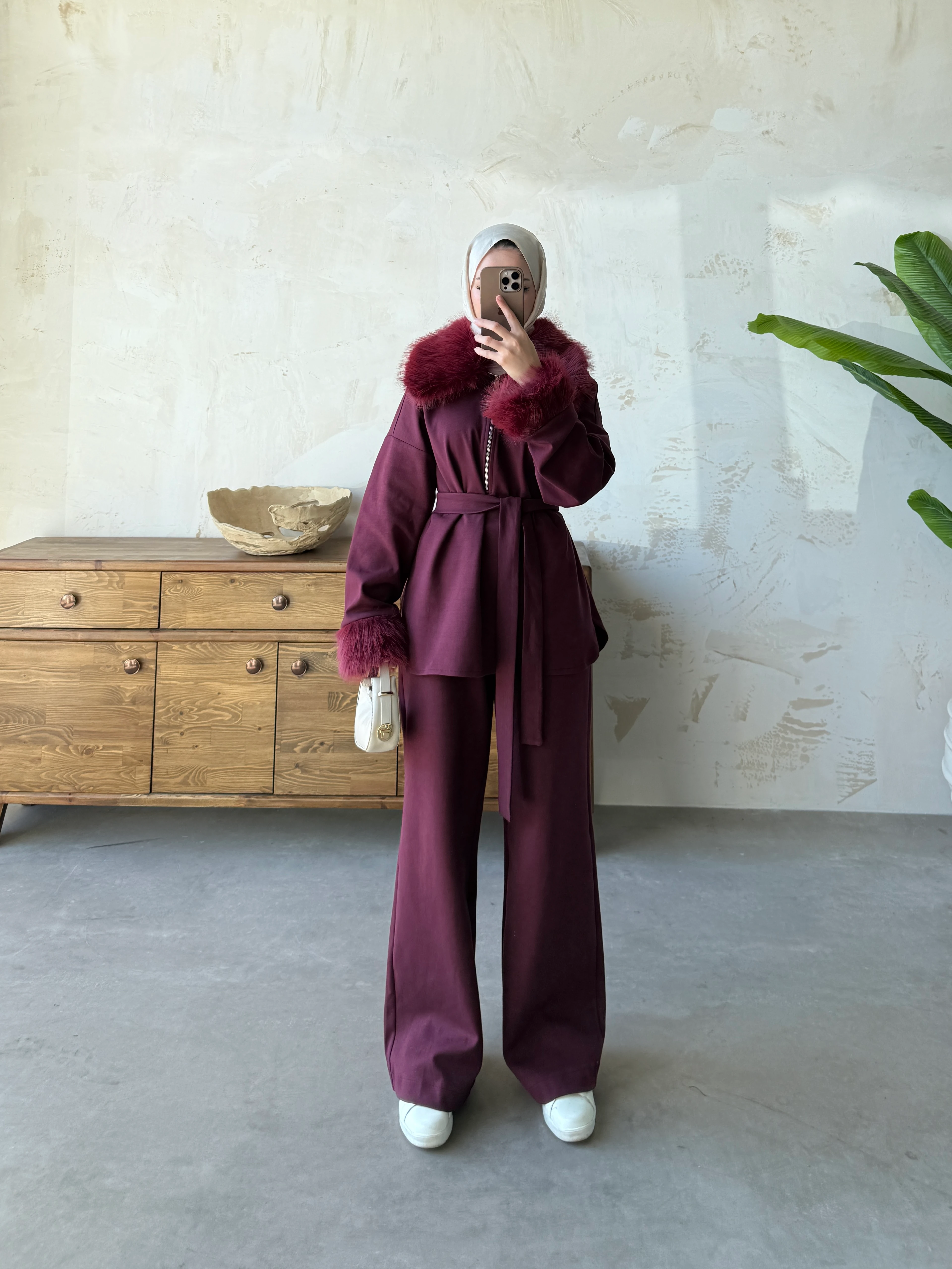 KÜRK YAKA TAKIM  - Bordo