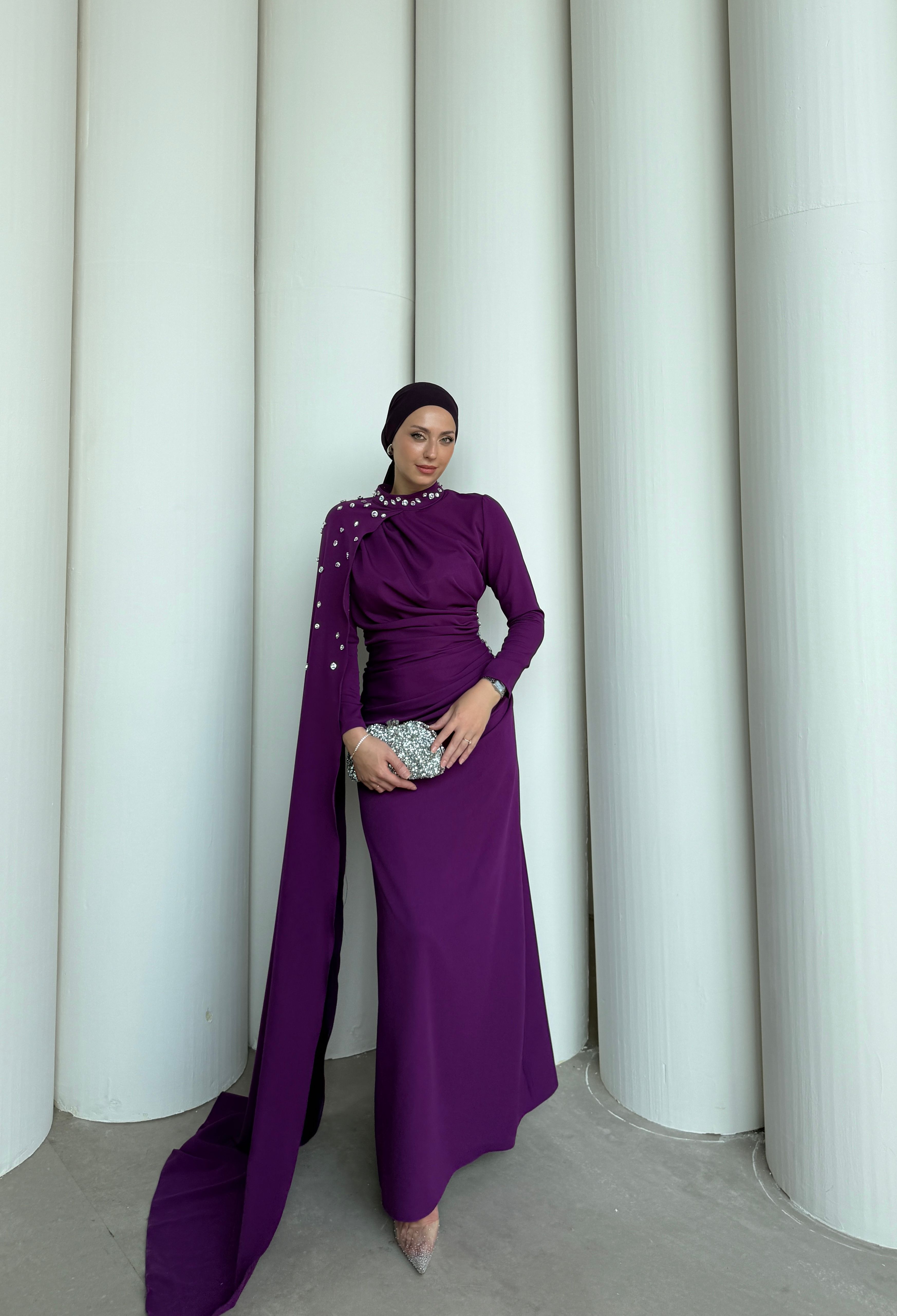 MOİRA TAŞLI ELBİSE  - Mürdüm