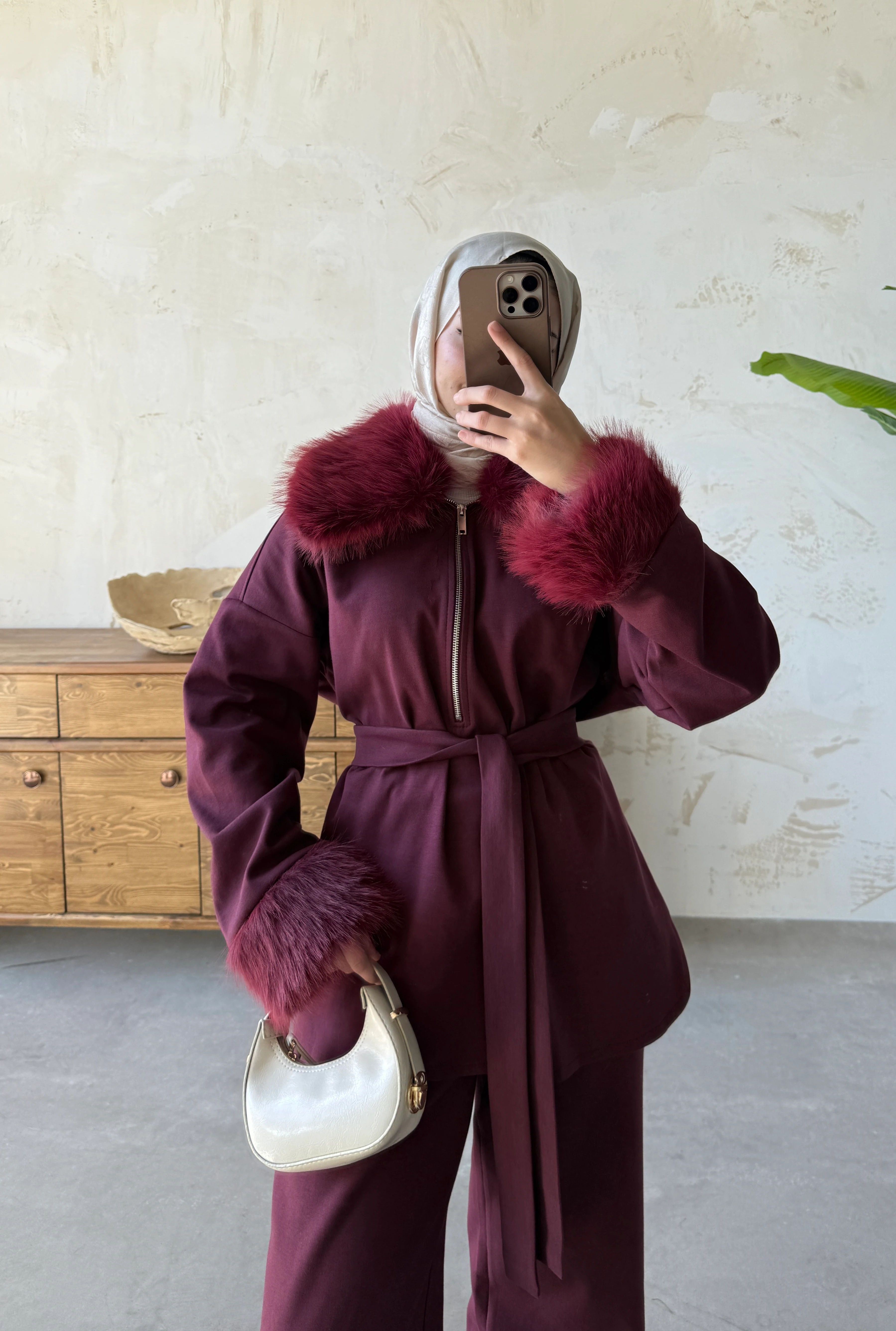 KÜRK YAKA TAKIM  - Bordo