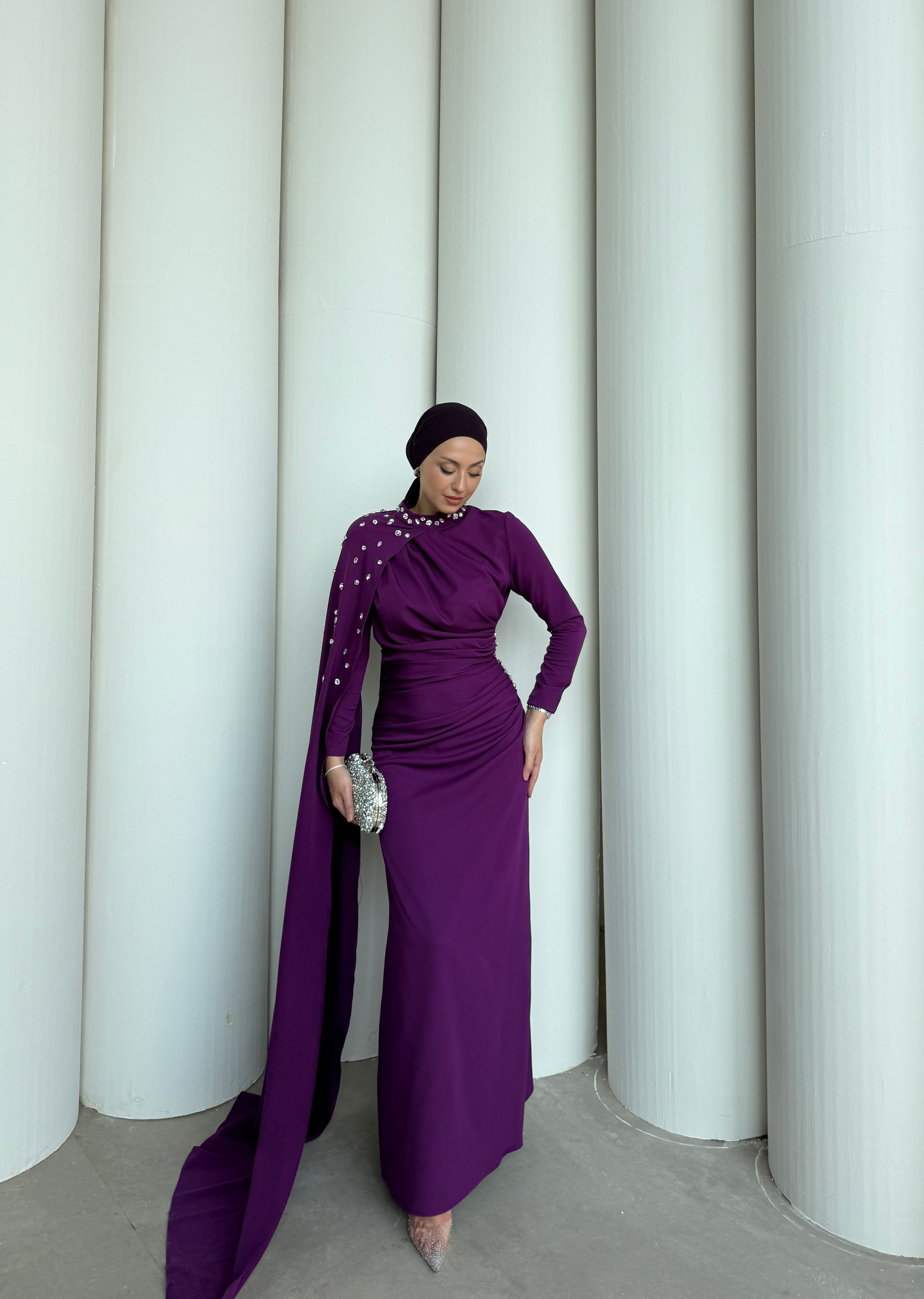 MOİRA TAŞLI ELBİSE  - Mürdüm