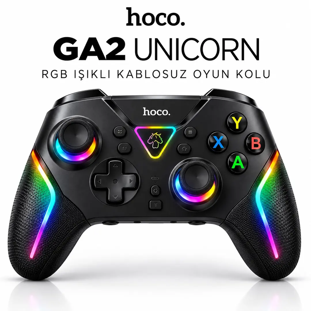 HOCO GA2 Unicorn RGB Işıklı Kablosuz Oyun Kolu – Renkli LED Aydınlatmalı Gaming Gamepad