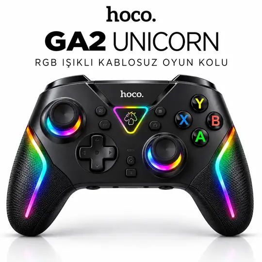 HOCO GA2 Unicorn RGB Işıklı Kablosuz Oyun Kolu – Renkli LED Aydınlatmalı Gaming Gamepad