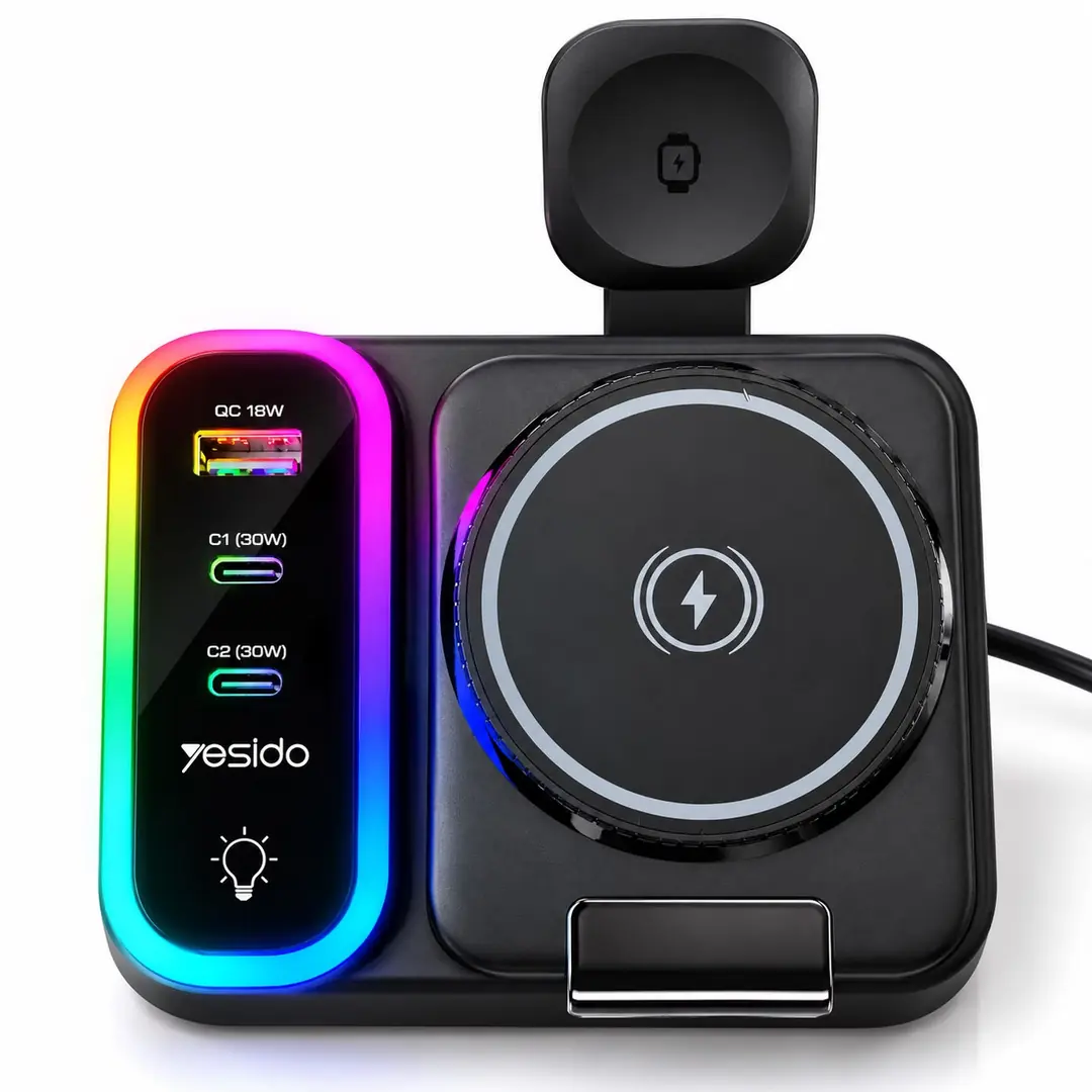 Yesido DS38 65W 8’i 1 Arada Kablosuz Şarj İstasyonu, RGB Işıklı Dijital Saatli, MagSafe Uyumlu, USB-C PD ve USB-A QC Hızlı Şar 4