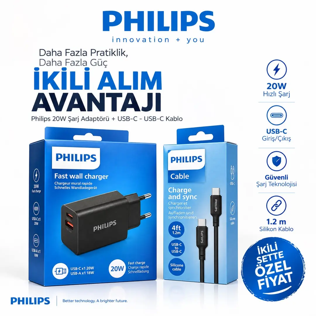 Philips 20W Hızlı Şarj Adaptörü + USB-C Kablo 1.2m | İkili Alım Avantajı