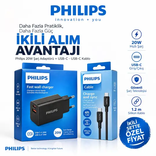 Philips 20W Hızlı Şarj Adaptörü + USB-C Kablo 1.2m | İkili Alım Avantajı