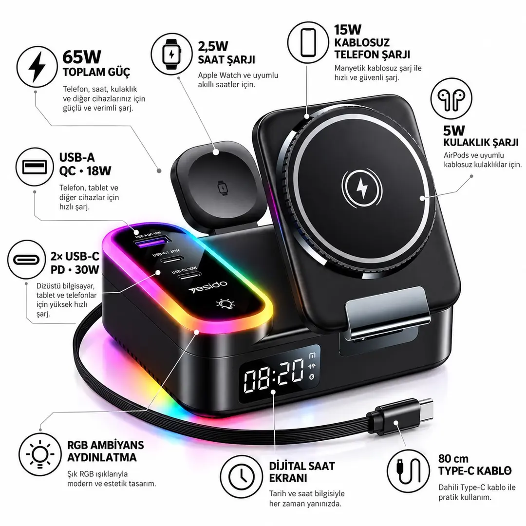 Yesido DS38 65W 8’i 1 Arada Kablosuz Şarj İstasyonu, RGB Işıklı Dijital Saatli, MagSafe Uyumlu, USB-C PD ve USB-A QC Hızlı Şar 3