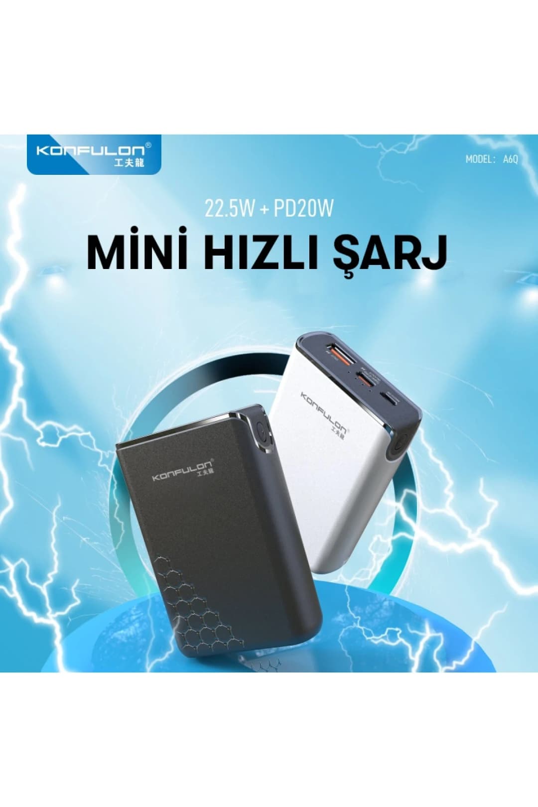 Konfulon A6Q 22.5W Usb 3.0 ve 20W Type-C Çıkışlı 10.000 mAh PD Powerbank 3
