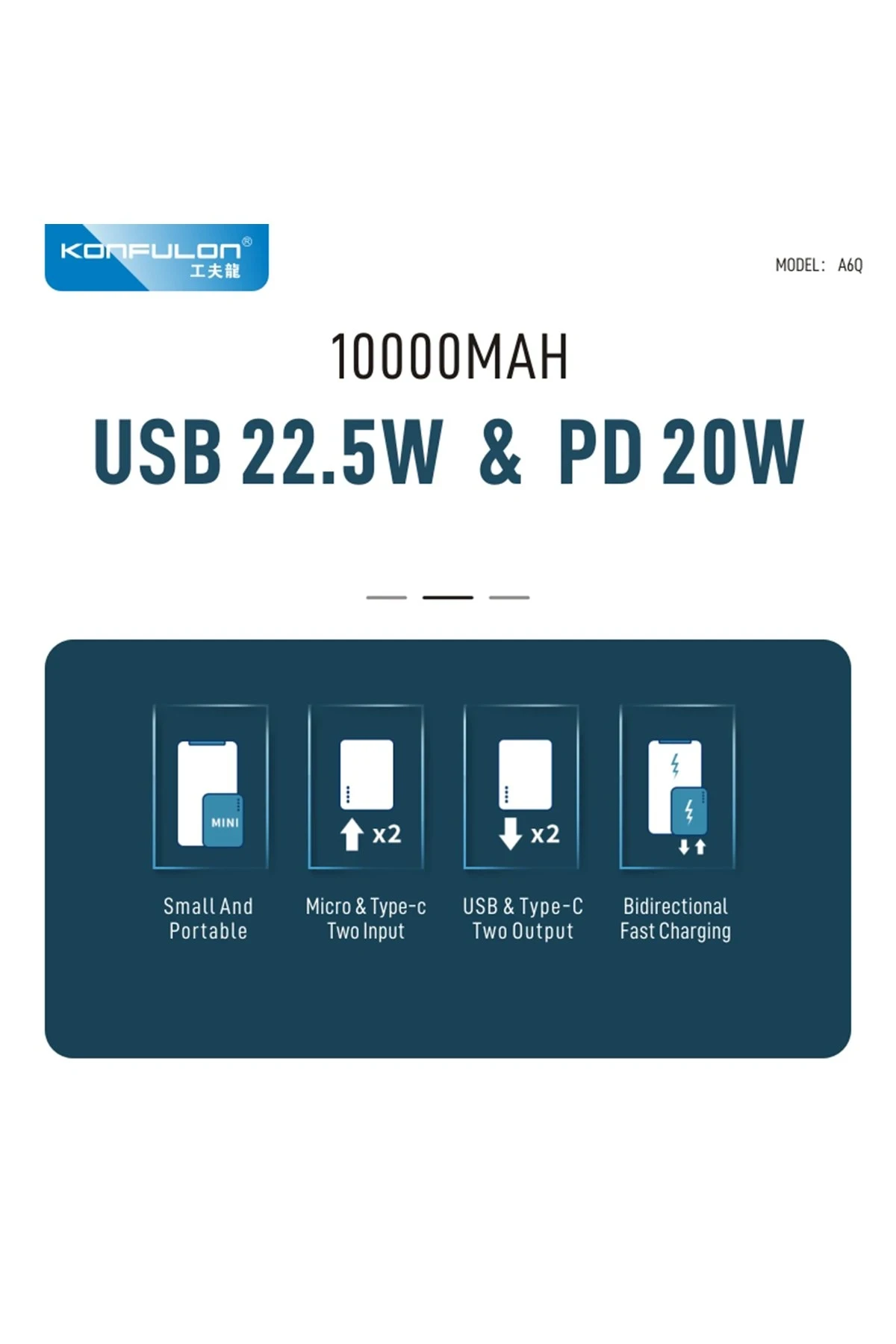 Konfulon A6Q 22.5W Usb 3.0 ve 20W Type-C Çıkışlı 10.000 mAh PD Powerbank