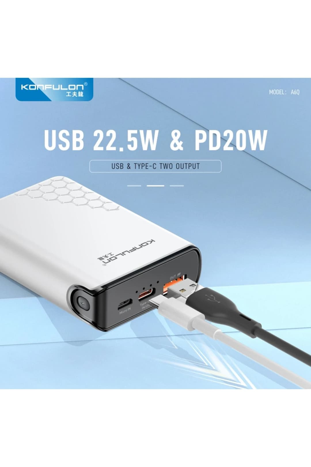 Konfulon A6Q 22.5W Usb 3.0 ve 20W Type-C Çıkışlı 10.000 mAh PD Powerbank 6