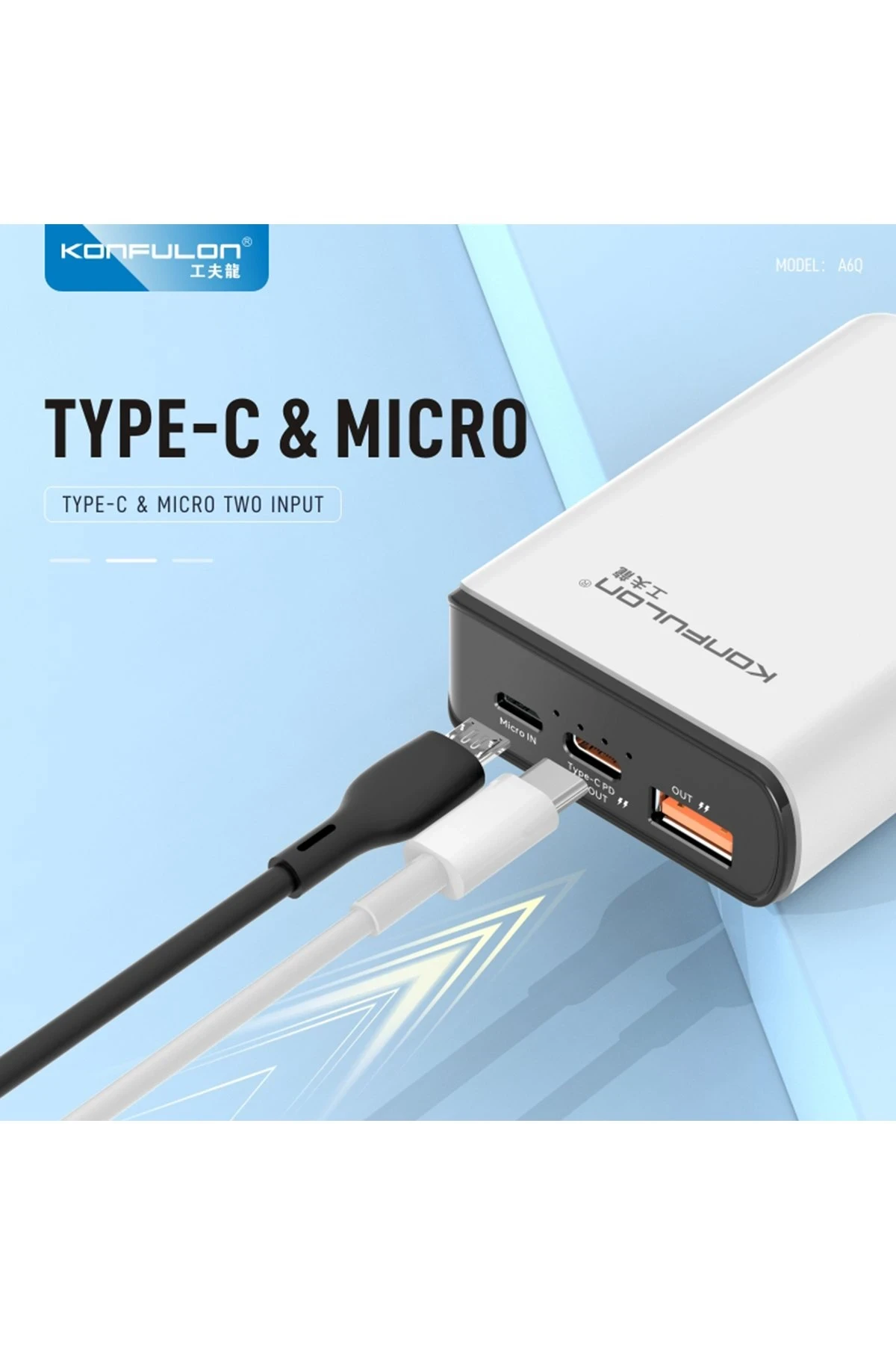 Konfulon A6Q 22.5W Usb 3.0 ve 20W Type-C Çıkışlı 10.000 mAh PD Powerbank - Beyaz