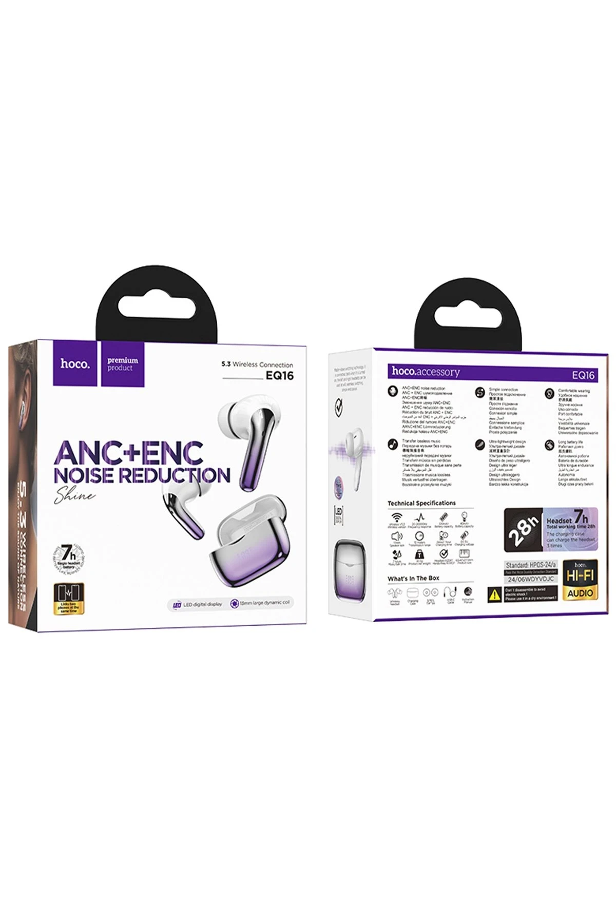 Hoco EQ16 Aktif Gürültü Engelleyici Özellikli Bluetooth 5.3 Kablosuz TWS Airpods Kulaklık - Mor