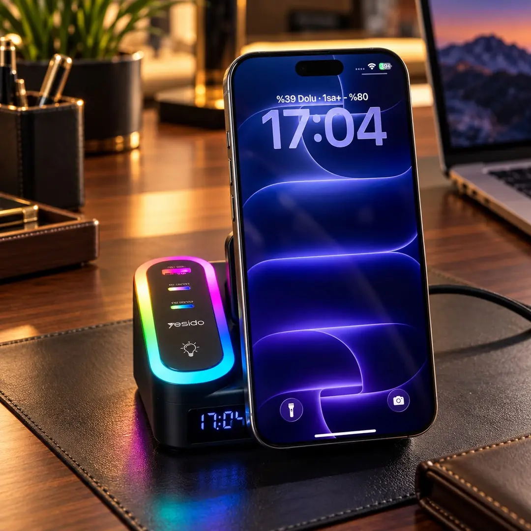 Yesido DS38 65W 8’i 1 Arada Kablosuz Şarj İstasyonu, RGB Işıklı Dijital Saatli, MagSafe Uyumlu, USB-C PD ve USB-A QC Hızlı Şar 5