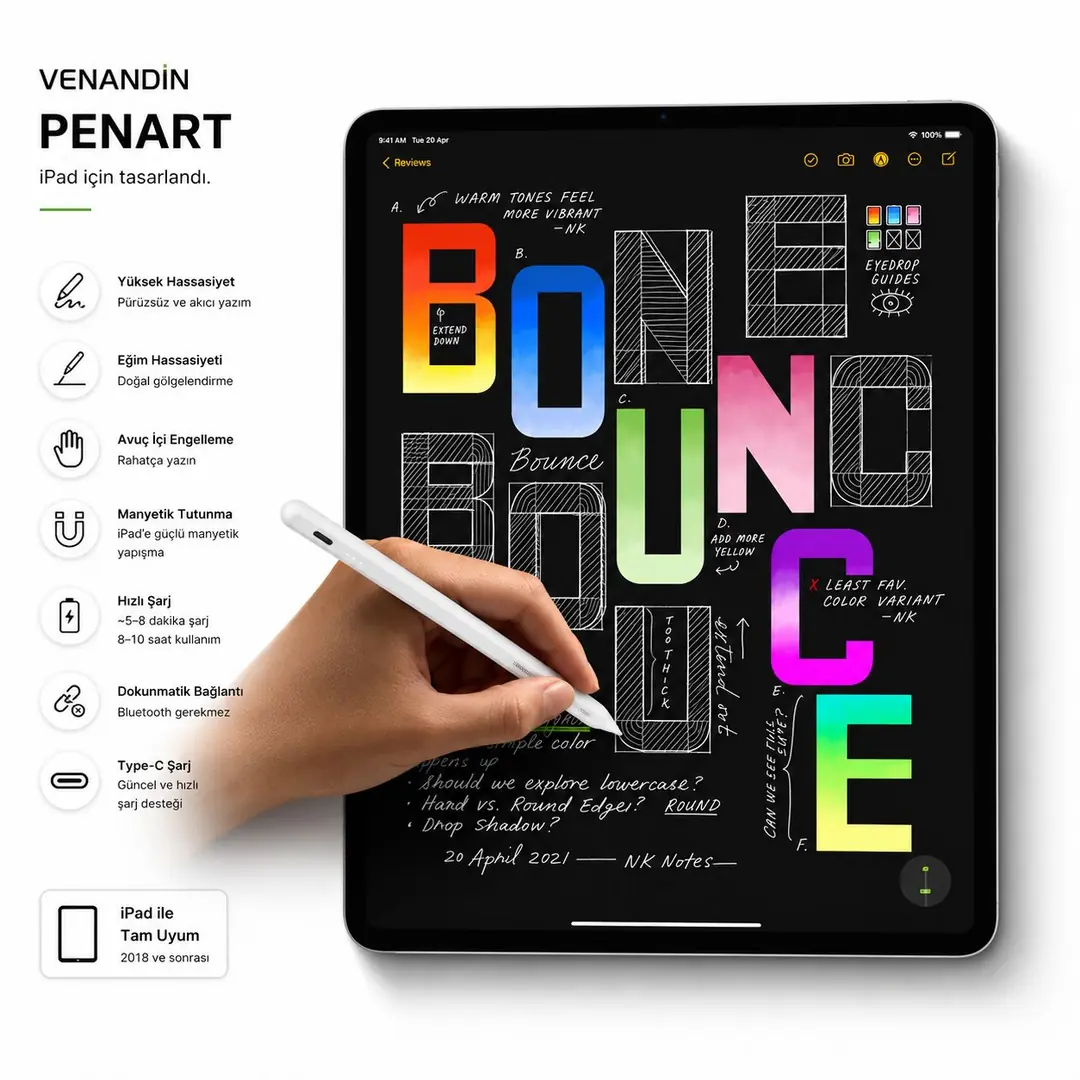 VENANDIN PENART iPad Kalemi – Stylus Pen – Basınç/Eğim Hassasiyeti, Avuç İçi Engelleme, Manyetik, Type-C 3
