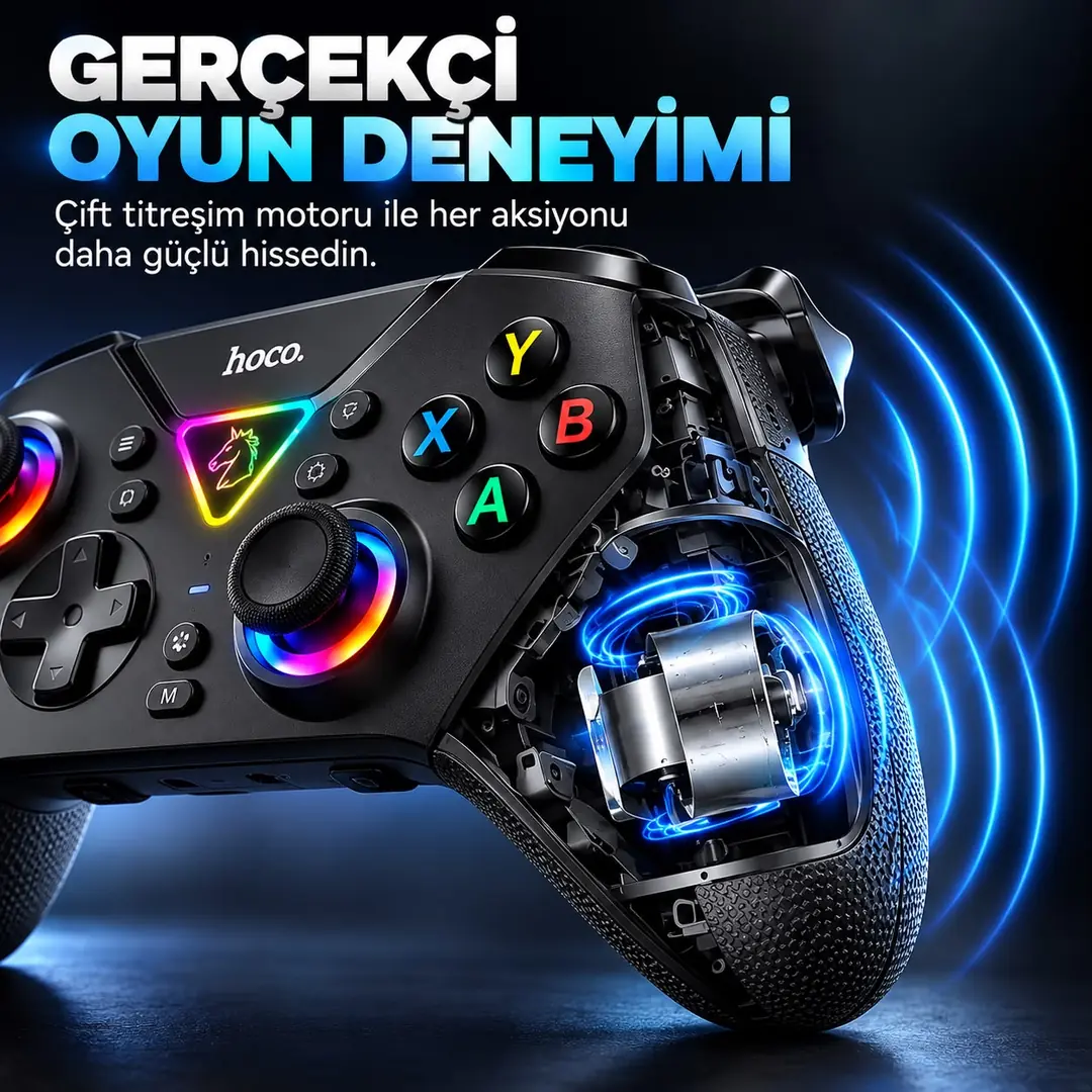 HOCO GA2 Unicorn RGB Işıklı Kablosuz Oyun Kolu – Renkli LED Aydınlatmalı Gaming Gamepad 3