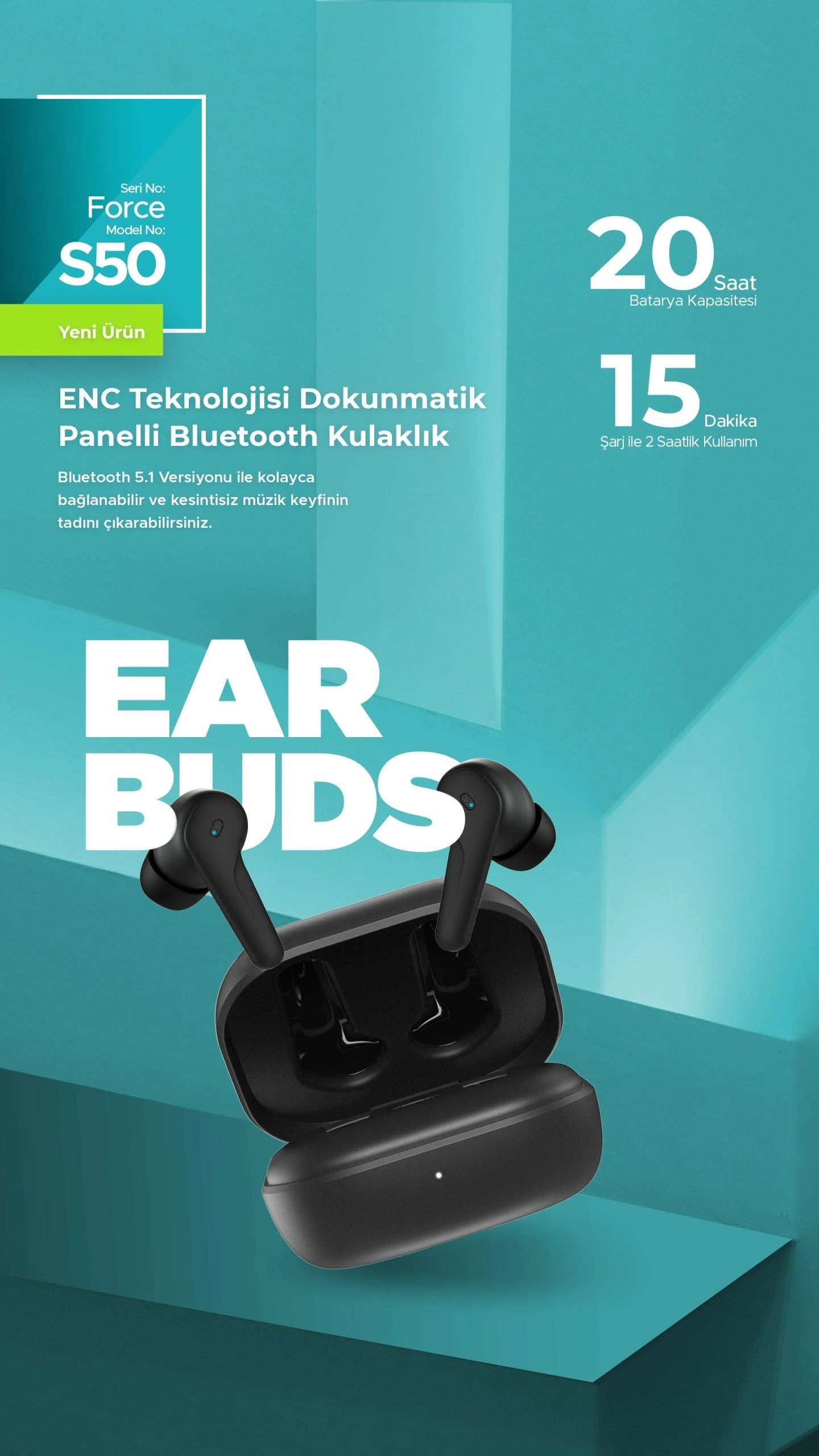 Phixi Force S50 ENC Dokunmatik Panelli Bluetooth Kulaklık