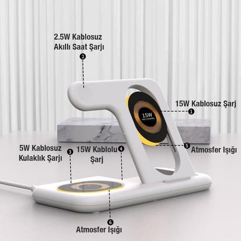 4in1 Kablosuz 15W Magsafe Uyumlu Led Işıklı Masaüstü Şarj Standı - Siyah