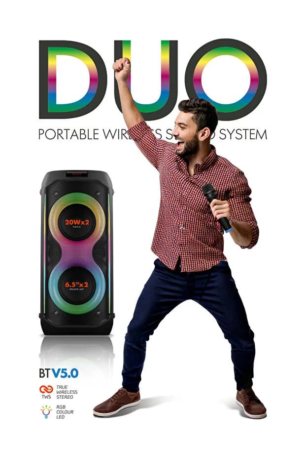 Powerway Duo Taşınabilir Mikrofonlu 20x2 W Karaoke Ses Kayıt Bluetooth Hoparlör 5