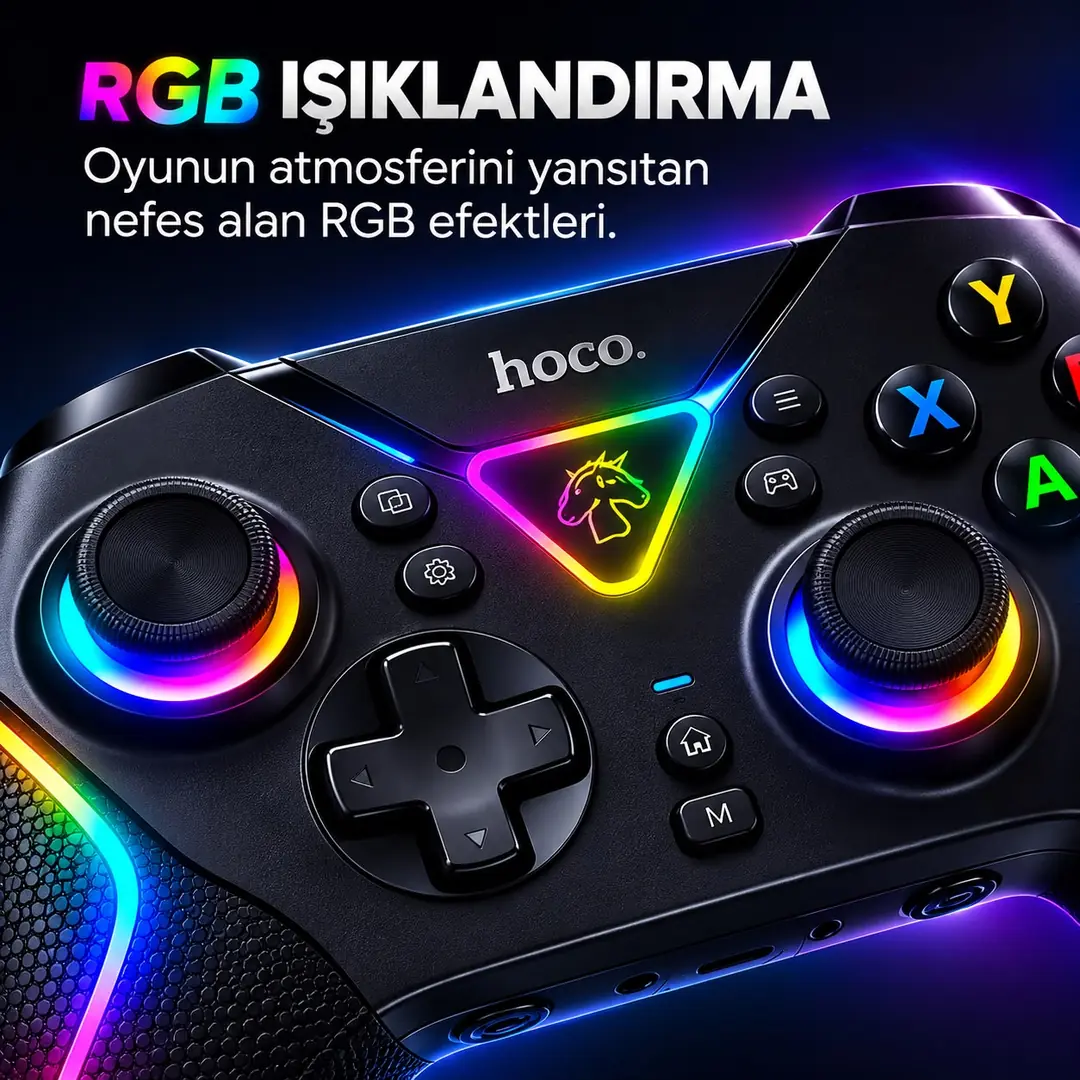 HOCO GA2 Unicorn RGB Işıklı Kablosuz Oyun Kolu – Renkli LED Aydınlatmalı Gaming Gamepad 5