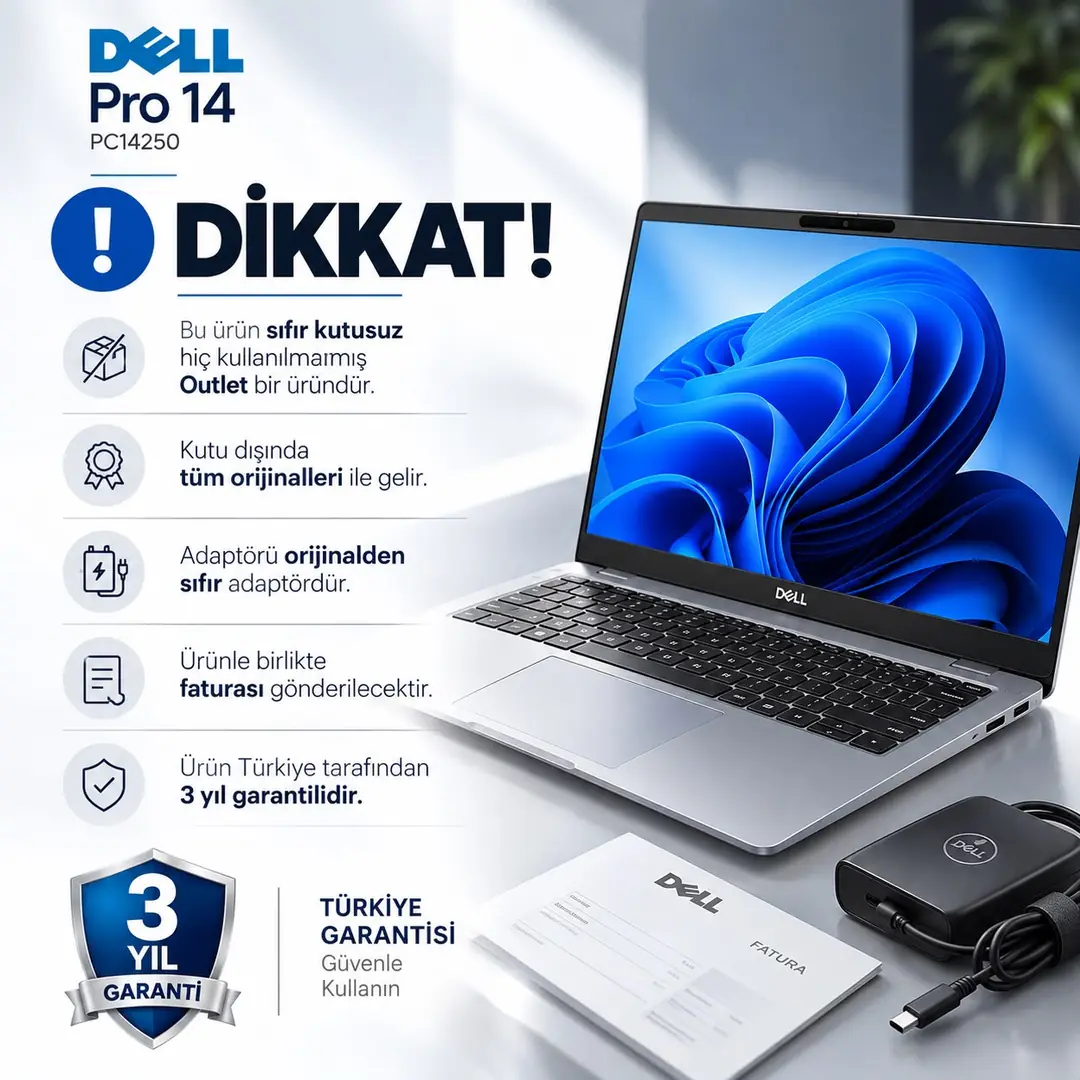 Dell Pro 14 PC14250 Intel Core Ultra 5 235U 32GB RAM 512GB SSD 14″ FHD+ Dokunmatik Ekran Orijinal Windows Profesyonel Laptop 4