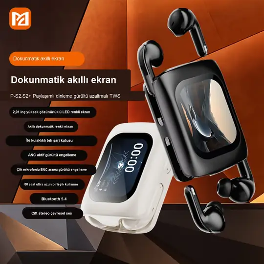 P-S2 Akıllı Dokunmatik Ekranlı TWS Bluetooth Kulaklık – 4 Kulaklık, ANC+ENC Gürültü Engelleme, 80 Saat Pil